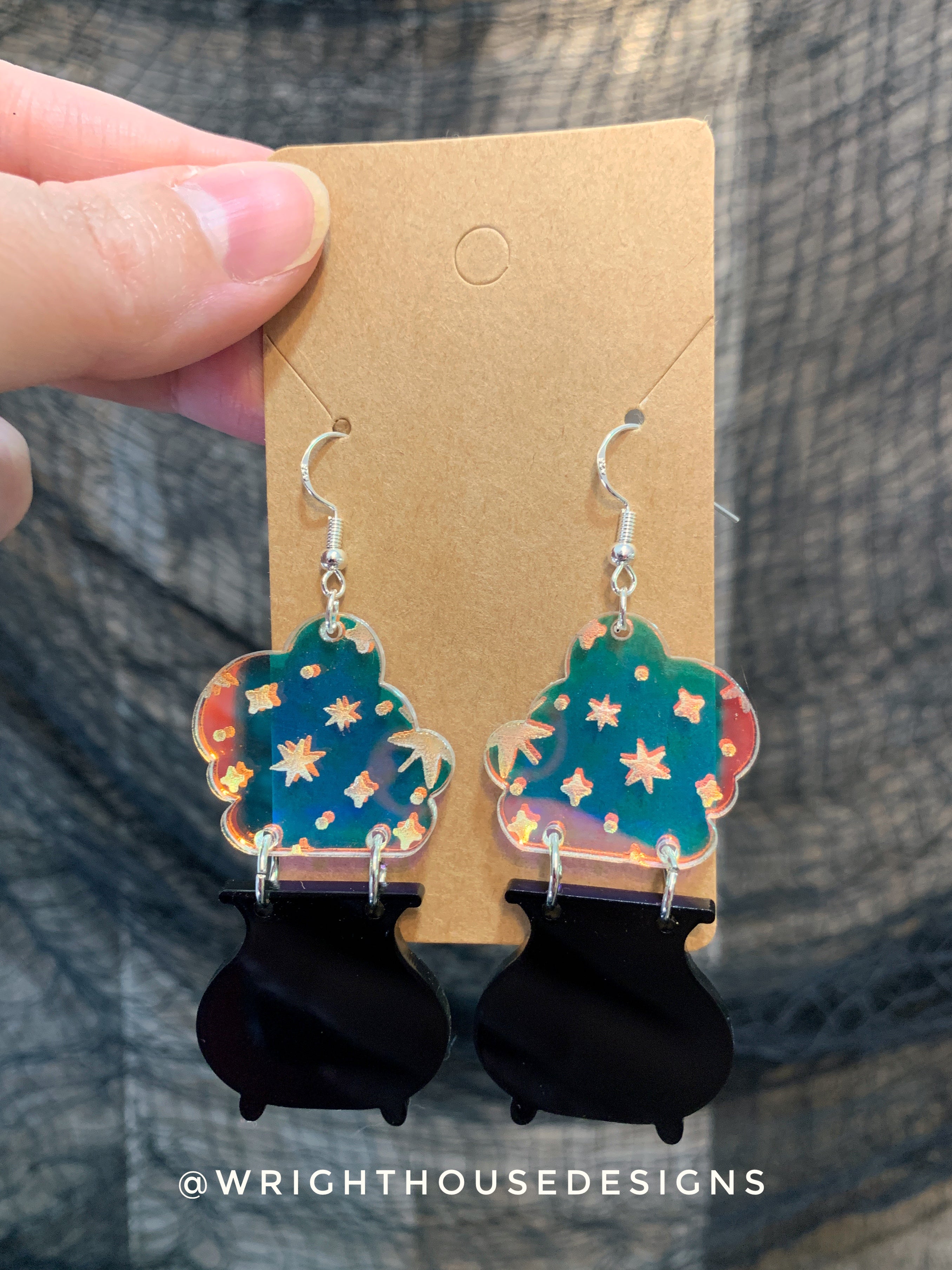 Bubbling Cauldron Two - Witchy Halloween Earrings - Engraved Iridescent Acrylic Handmade Jewelry