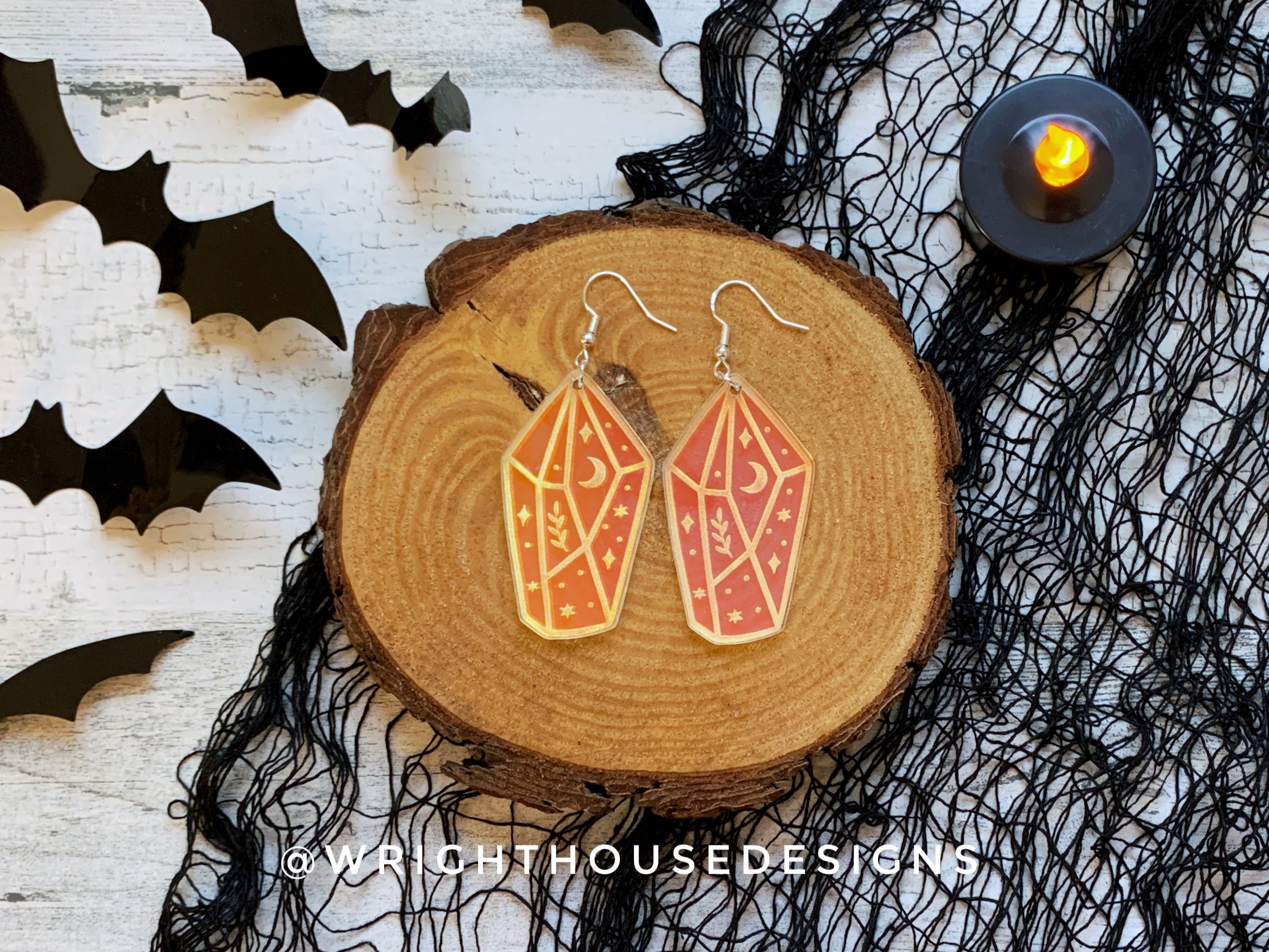 Celestial Crystals Style One - Witchy Earrings - Engraved Iridescent Acrylic Handmade Jewelry