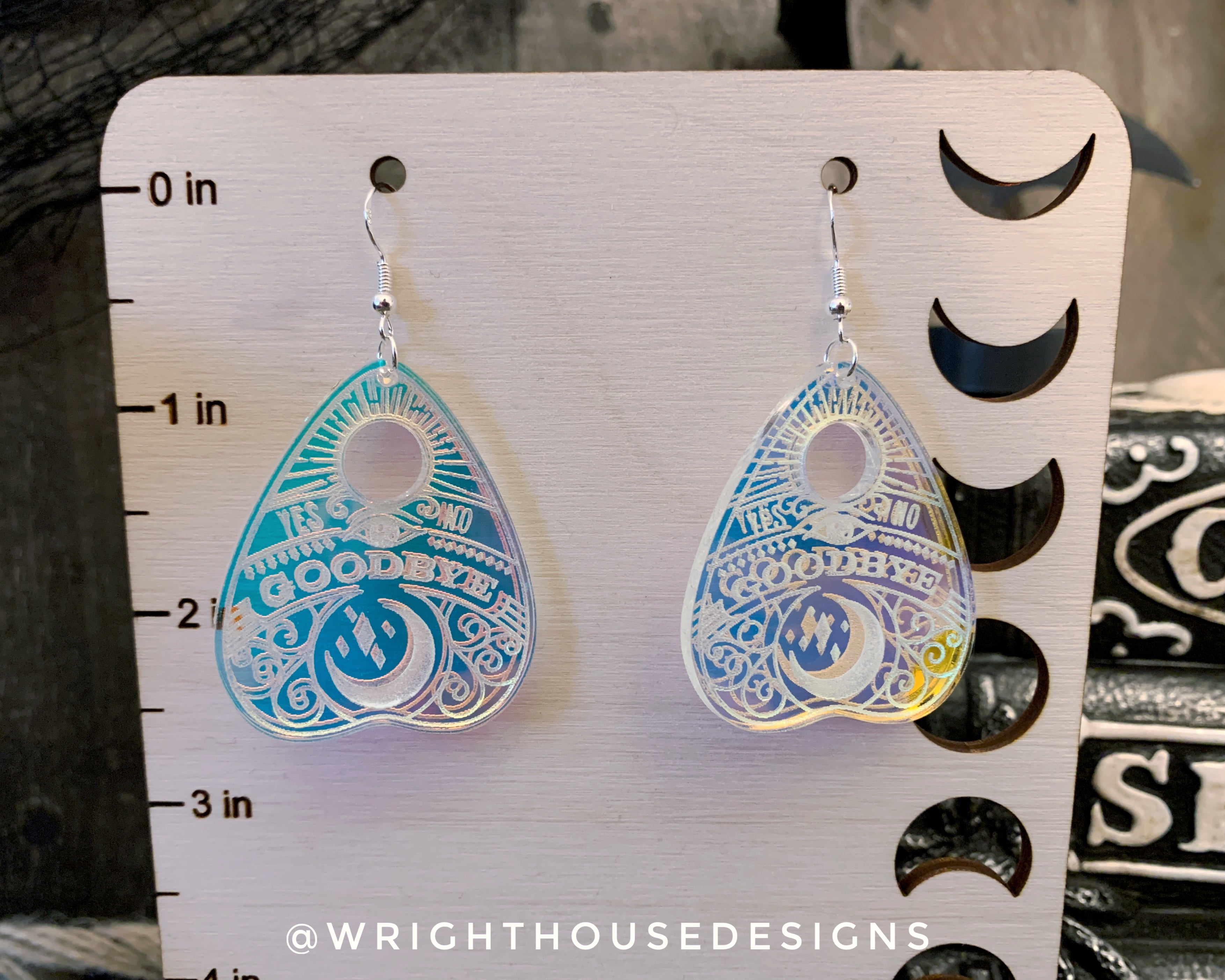 Oiji Board Planchette - Witchy Earrings - Engraved Iridescent Acrylic Handmade Jewelry