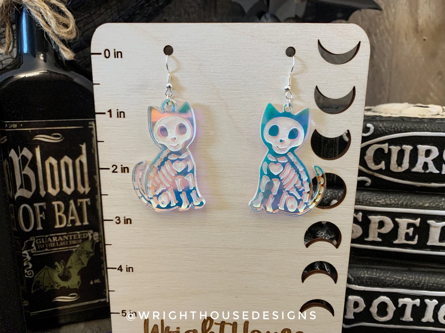 Skeleton Black Cats - Halloween Earrings - Rainbow Iridescent Acrylic Handmade Jewelry