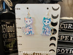 Load image into Gallery viewer, Skeleton Black Cats - Halloween Earrings - Rainbow Iridescent Acrylic Handmade Jewelry
