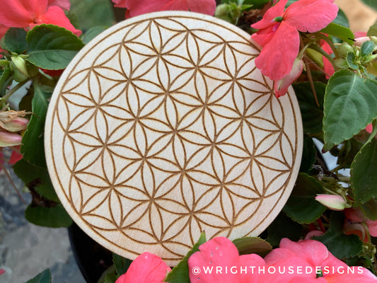 Flower Of Life - Single Wooden Coffee and Tea Coaster and Crystal Grid