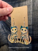 Load image into Gallery viewer, Skeleton Black Cats - Halloween Earrings - Rainbow Iridescent Acrylic Handmade Jewelry
