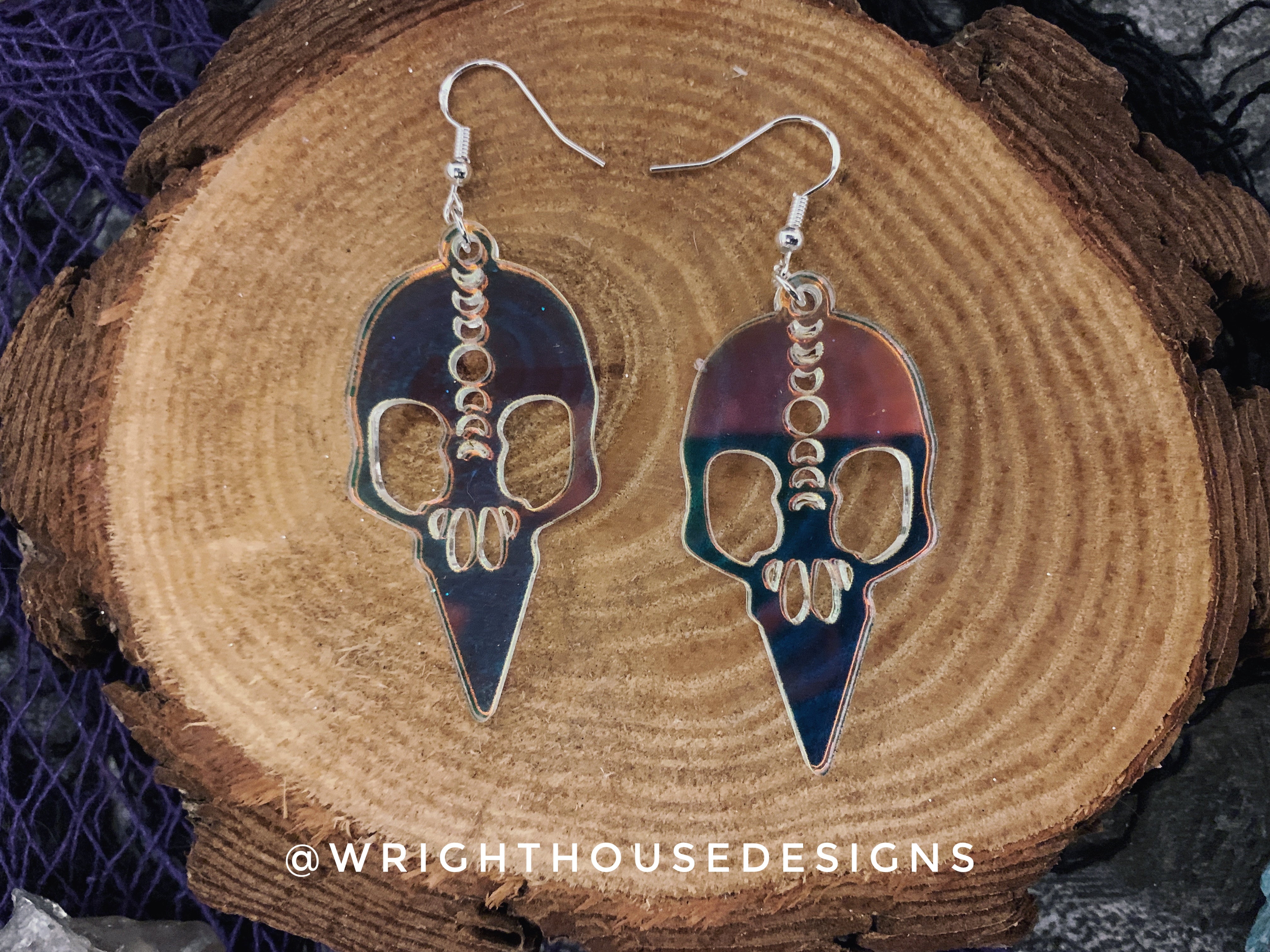 Gothic Style Bird Skulls - Witchy Halloween Earrings - Iridescent Acrylic Handmade Jewelry