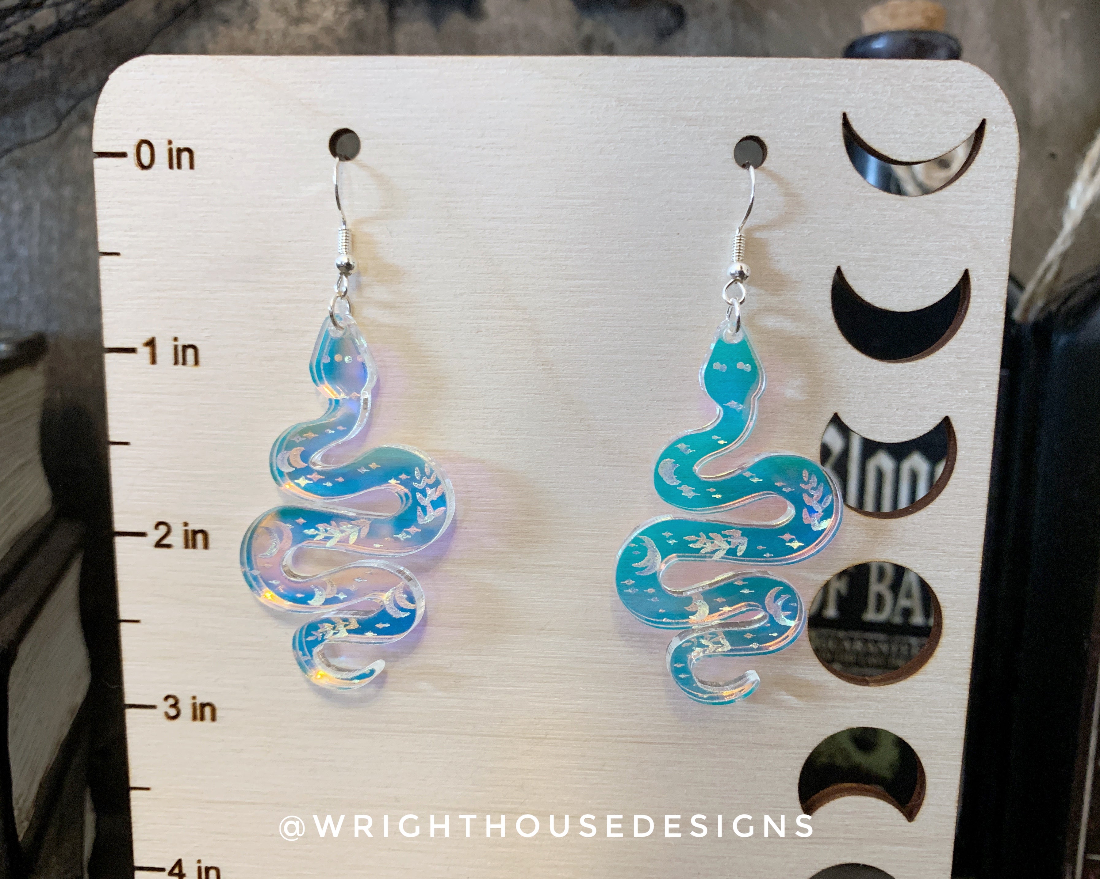 Celestial Snakes - Witchy Halloween Earrings - Engraved Iridescent  Acrylic Handmade Jewelry