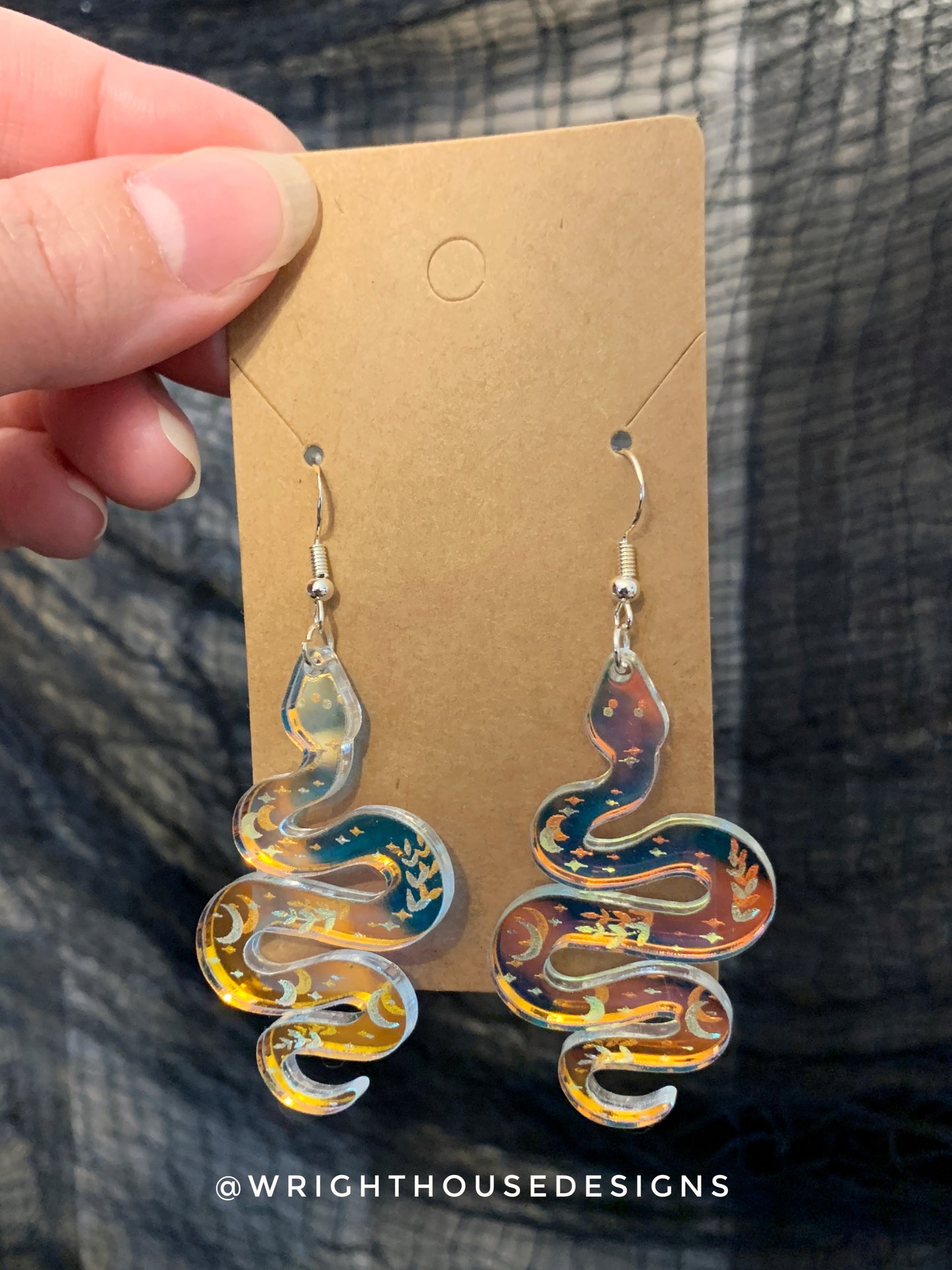 Celestial Snakes - Witchy Halloween Earrings - Engraved Iridescent  Acrylic Handmade Jewelry