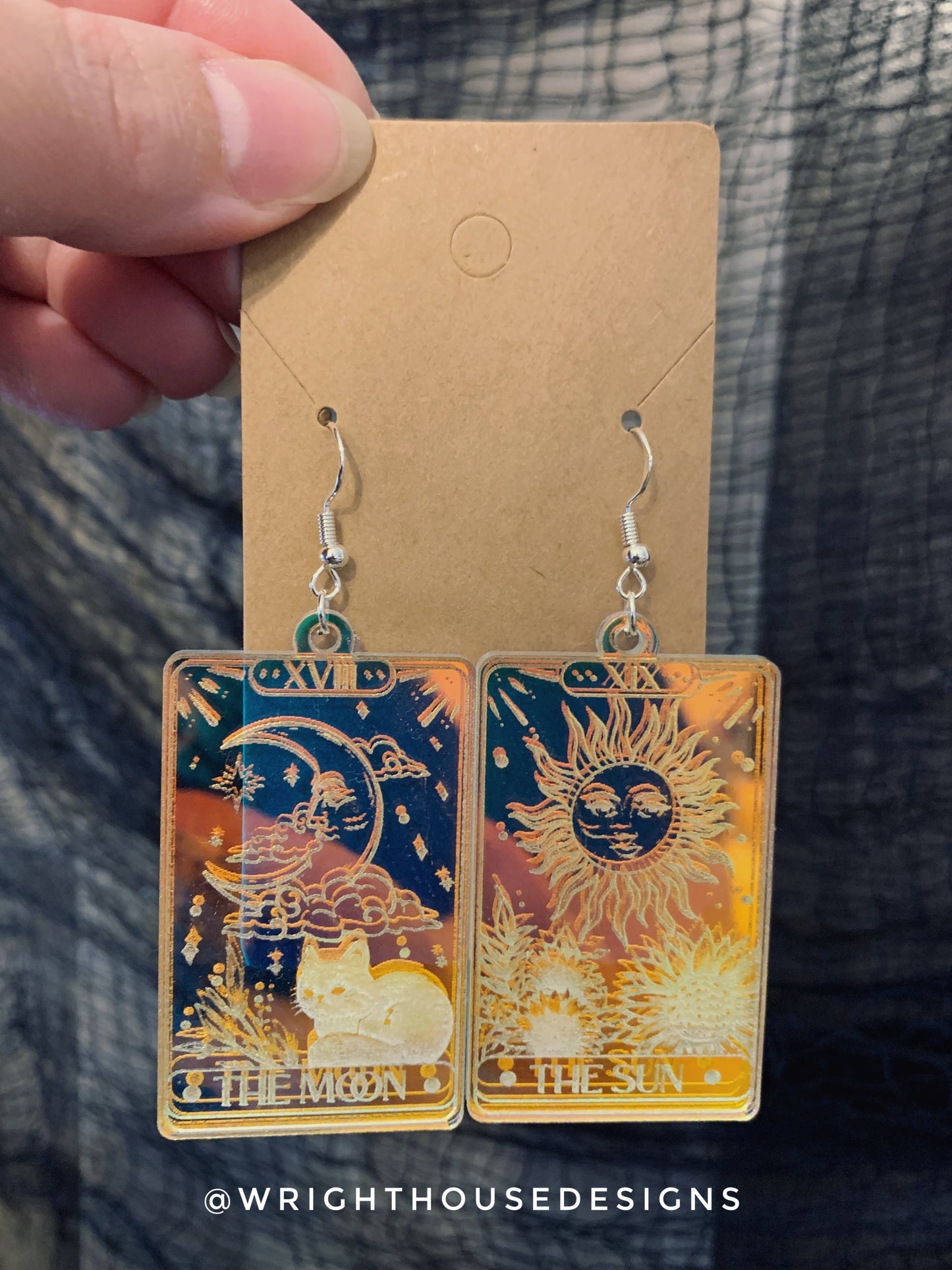 The Sun and The Moon Tarot Card Witchy Halloween Earrings - Engraved Iridescent Acrylic Handmade Jewelry
