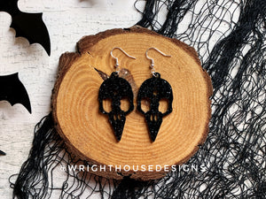 Gothic Style Bird Skulls - Witchy Halloween Earrings - Glitter Black Acrylic Handmade Jewelry