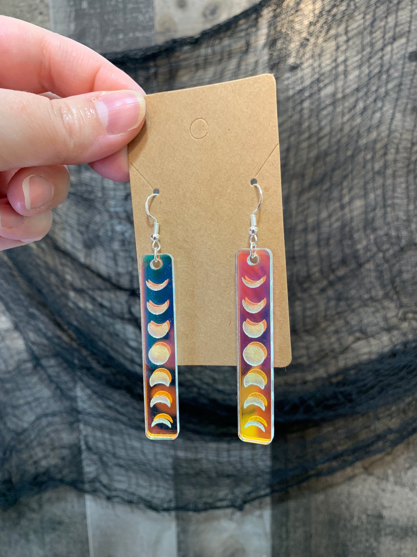 Engraved Moon Phase - Celestial Earrings - Rainbow Iridescent Acrylic Handmade Jewelry