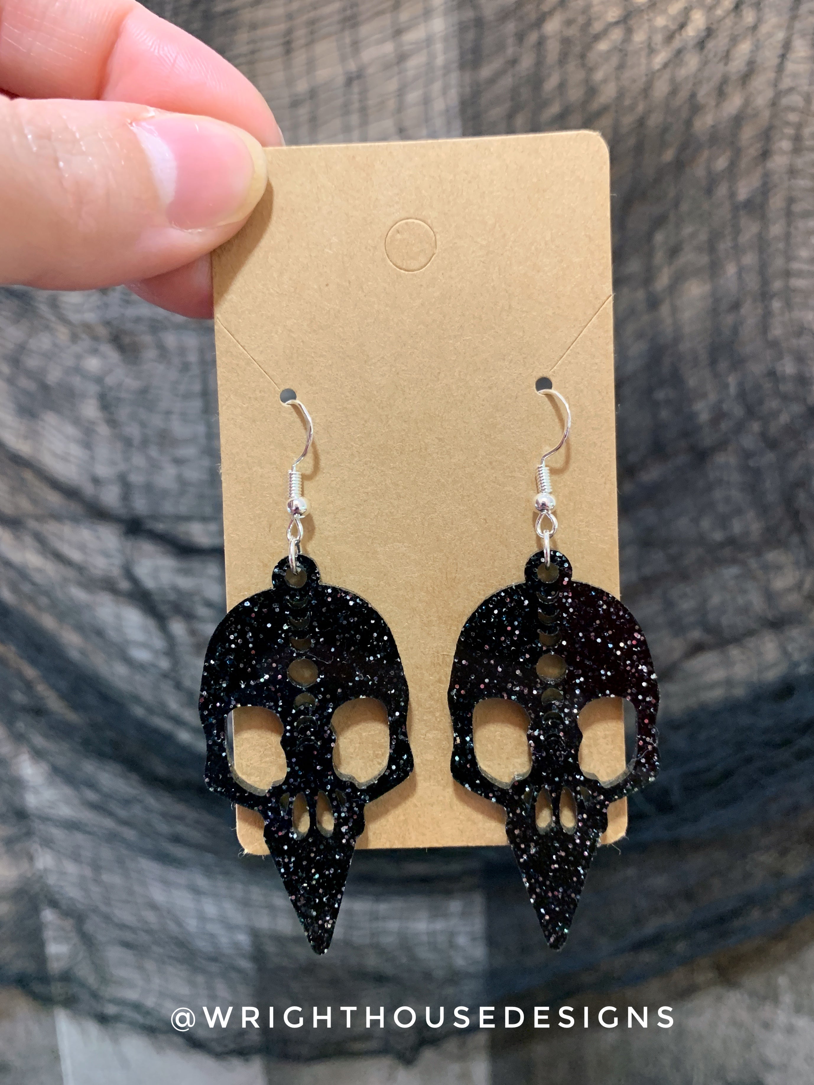 Gothic Style Bird Skulls - Witchy Halloween Earrings - Glitter Black Acrylic Handmade Jewelry