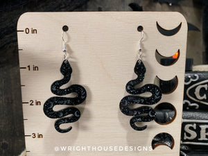 Celestial Snakes - Witchy Halloween Earrings - Engraved Glitter Black Acrylic Handmade Jewelry