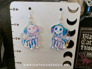 Skeleton Puppy Dogs - Halloween Earrings -Rainbow Iridescent Acrylic Handmade Jewelry