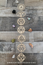 Load image into Gallery viewer, Chakra Symbols - Laser Cut Crystal Grids - Wooden Coasters - Coffee and Tea - Meditation Guide
