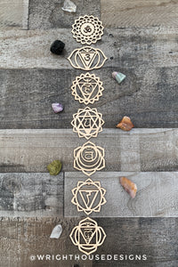 Chakra Symbols - Laser Cut Crystal Grids - Wooden Coasters - Coffee and Tea - Meditation Guide