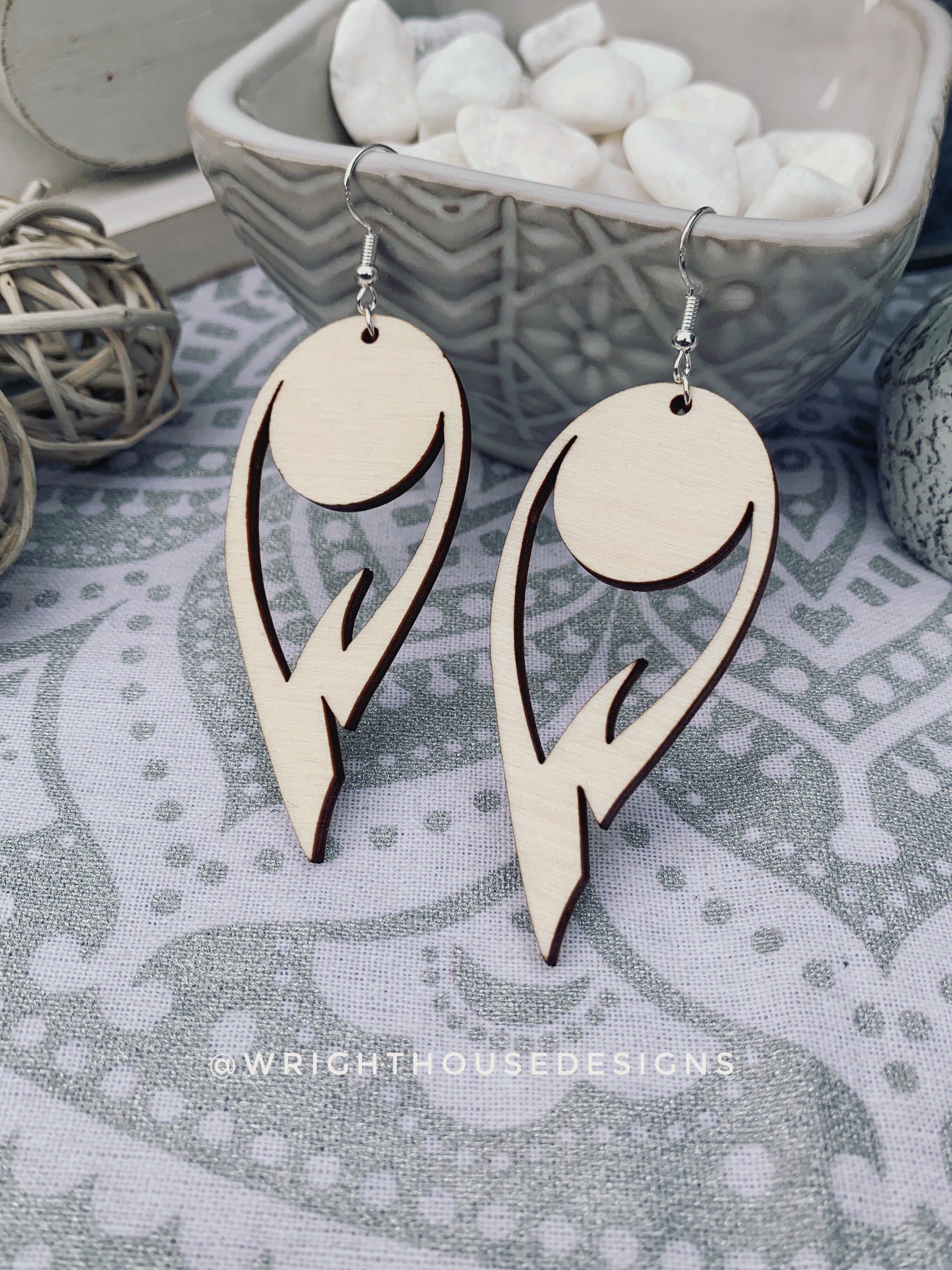 Peacock Feather Dangle Earrings - Style 8 - Rustic Birch Wooden Handmade Jewelry