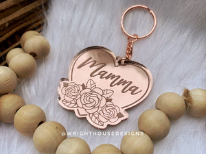 Mother’s Day Floral Heart Mirrored Acrylic Keychain - Gift For Mom, Grandmother, Aunt, Stepmom
