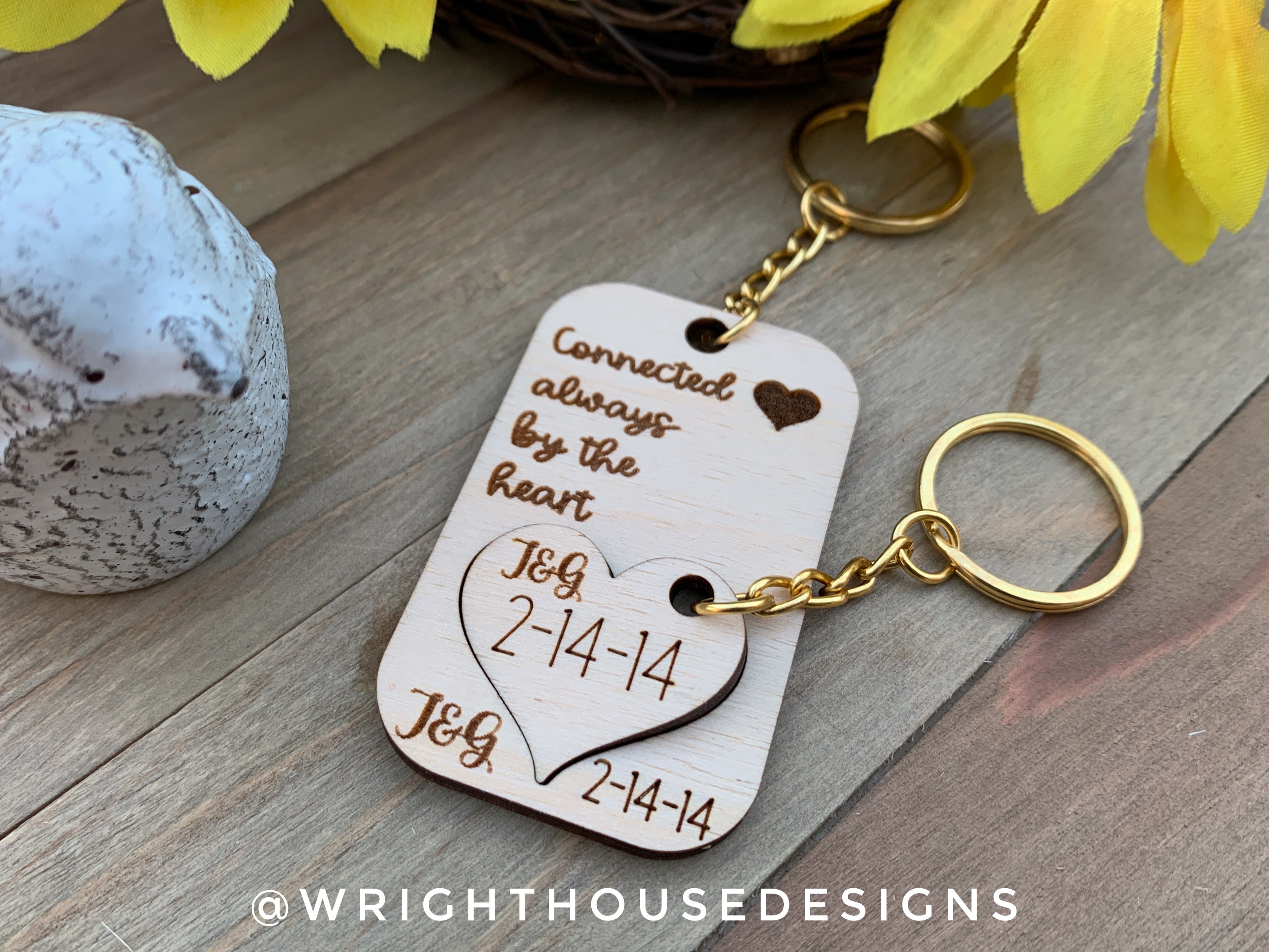 Connected Always By The Heart - Couples Interlocking Wooden Personalized Keychain