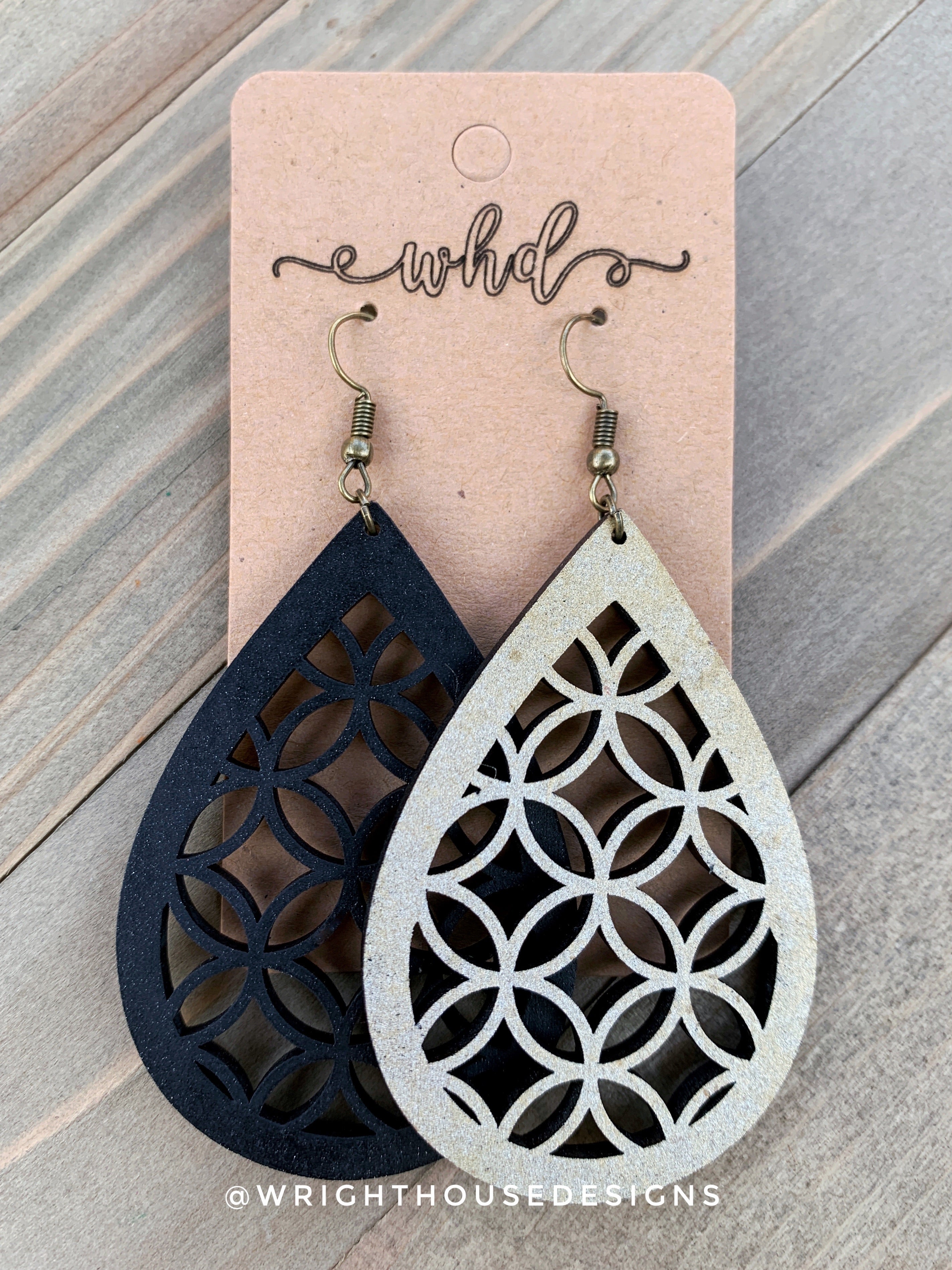 Gold and Black - Geometric Circle Pattern - Painted Wooden Earrings
