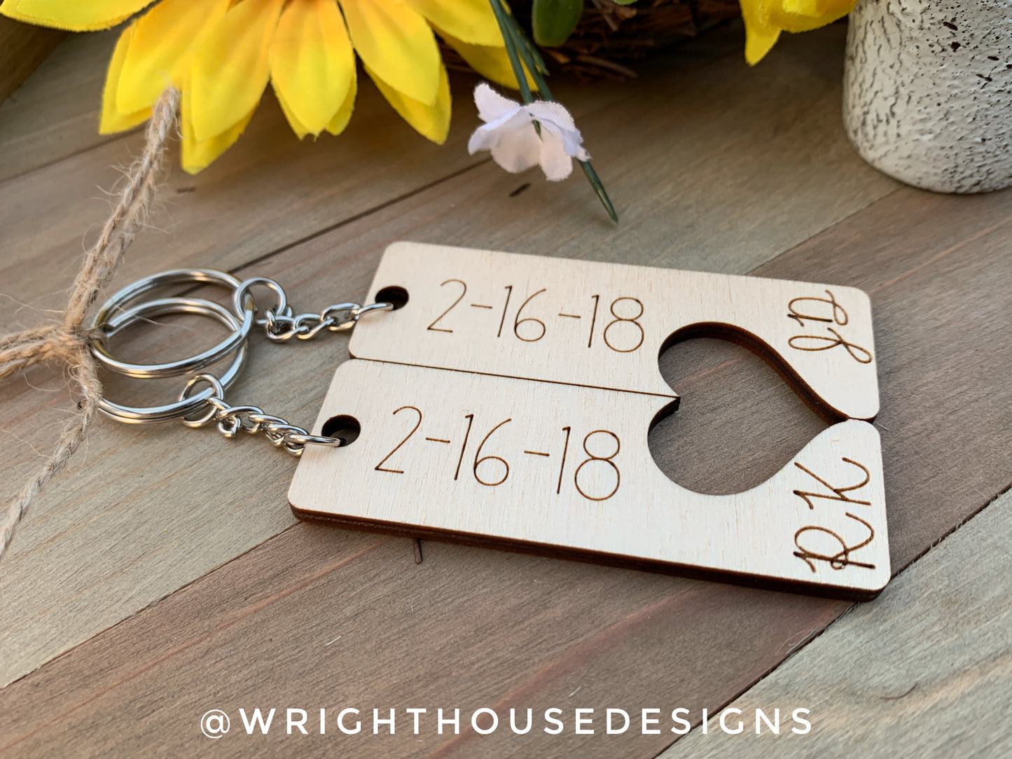 Anniversary His and Hers Cursive Initial Interlocking Wooden Personalized Keychain