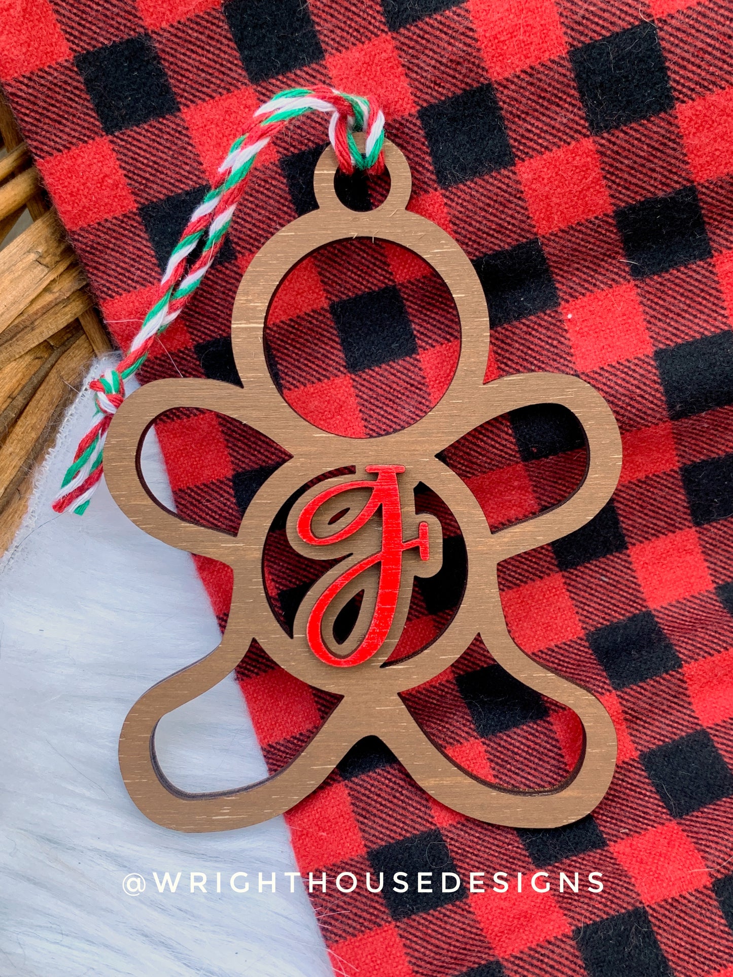 Personalized Gingerbread - Monogram Name Initial - Wooden Christmas Tree Ornament - Gift Bag Tag - Handmade - Winter Decor - Holiday Gift