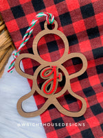 Load image into Gallery viewer, Personalized Gingerbread - Monogram Name Initial - Wooden Christmas Tree Ornament - Gift Bag Tag - Handmade - Winter Decor - Holiday Gift
