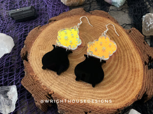 Bubbling Cauldron Two - Witchy Halloween Earrings - Engraved Iridescent Acrylic Handmade Jewelry