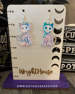 Load image into Gallery viewer, Skeleton Black Cats - Halloween Earrings - Rainbow Iridescent Acrylic Handmade Jewelry

