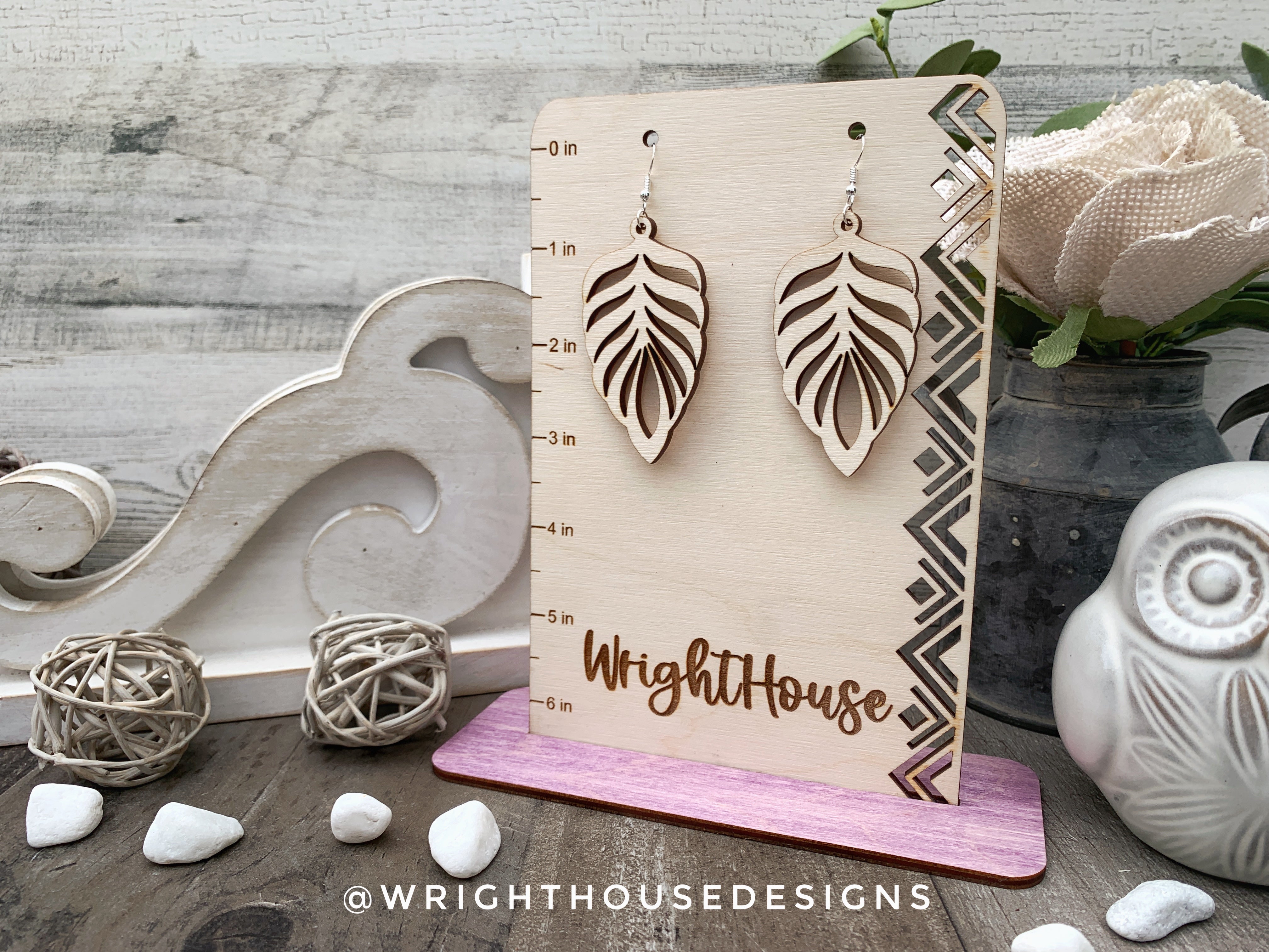 Peacock Feather Dangle Earrings - Style 9 - Rustic Birch Wooden Handmade Jewelry