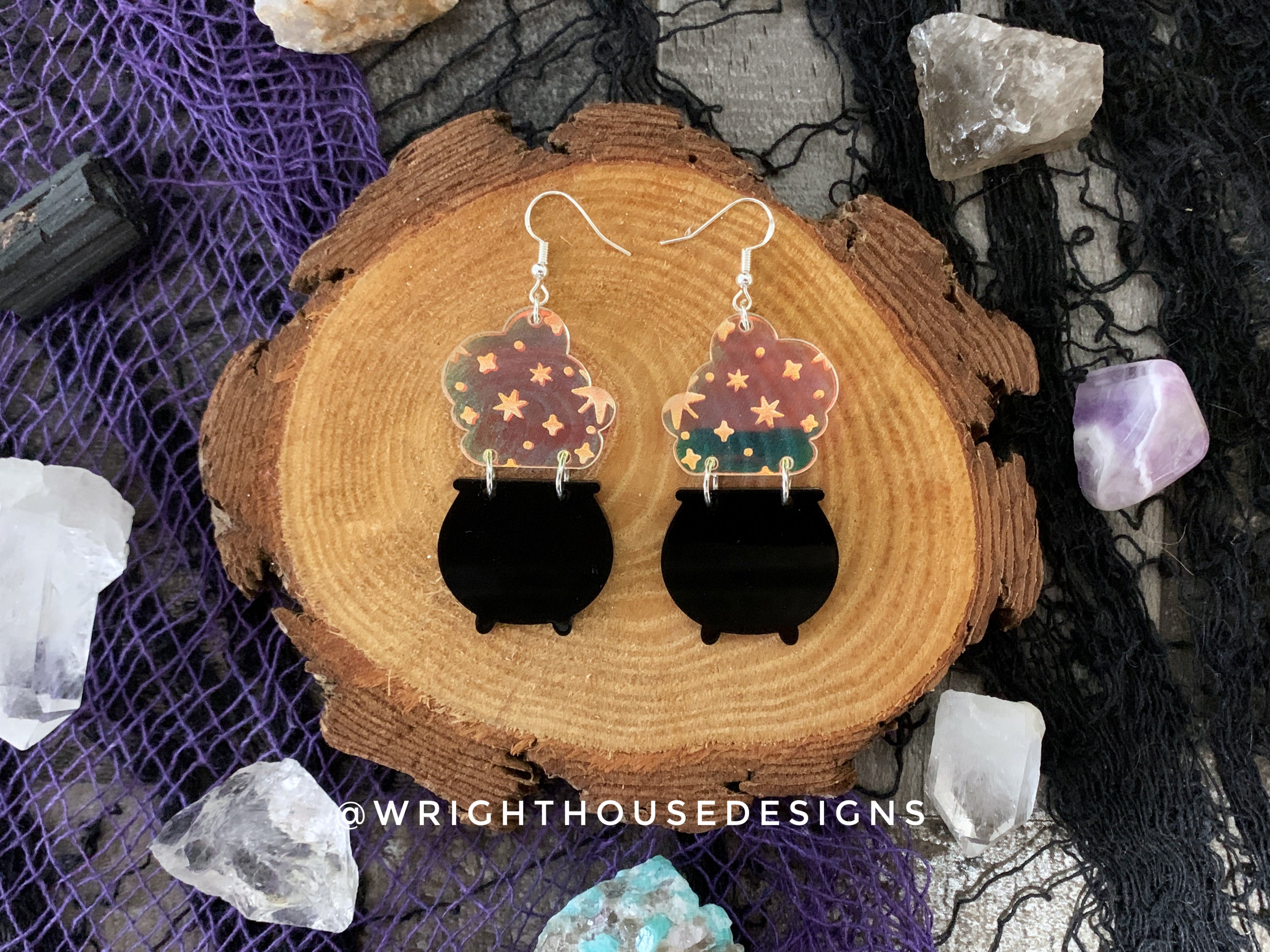 Bubbling Cauldron One - Witchy Halloween Earrings - Engraved Iridescent Acrylic Handmade Jewelry