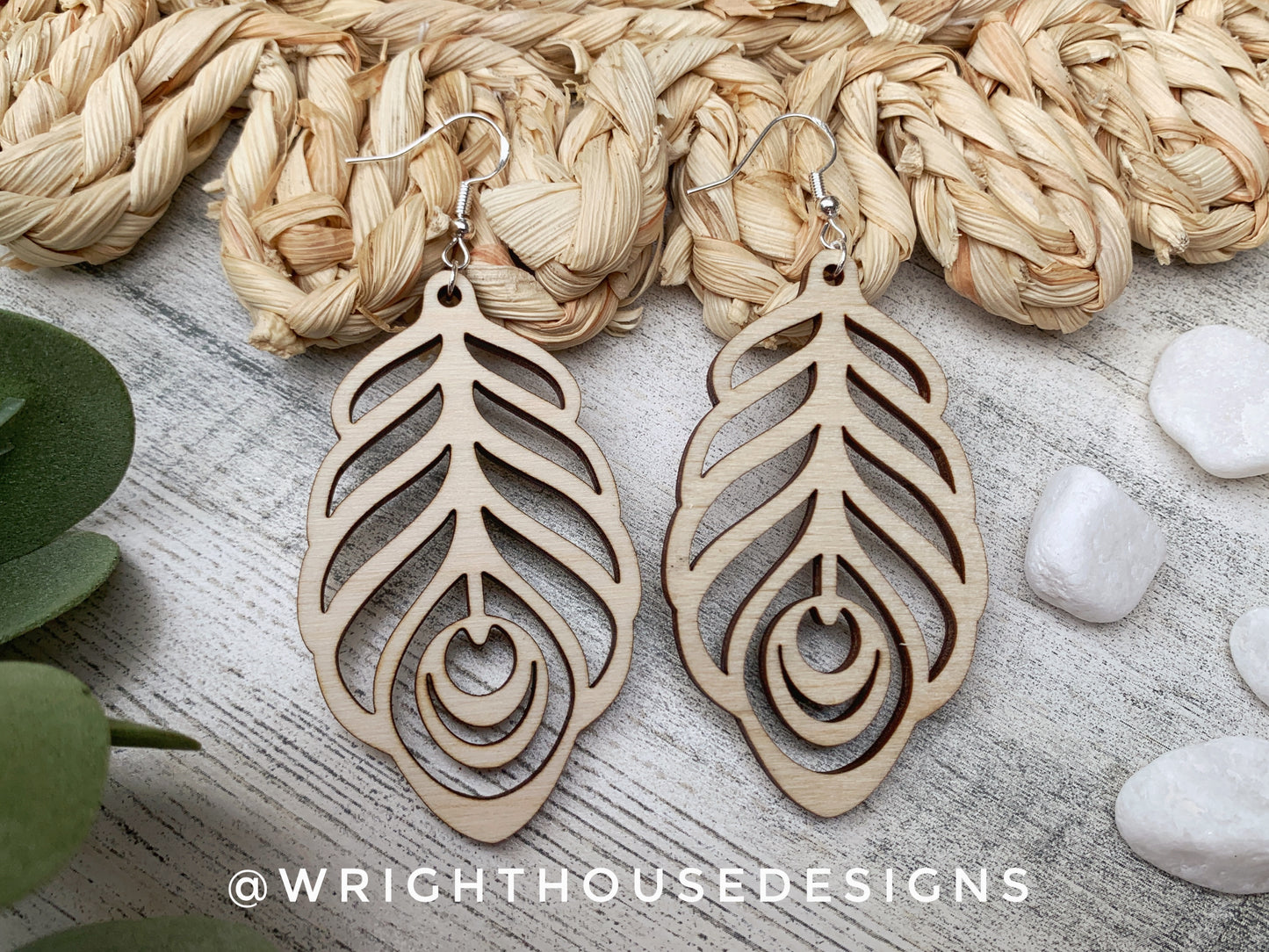 Peacock Feather Dangle Earrings - Style 3 - Rustic Birch Wooden Handmade Jewelry