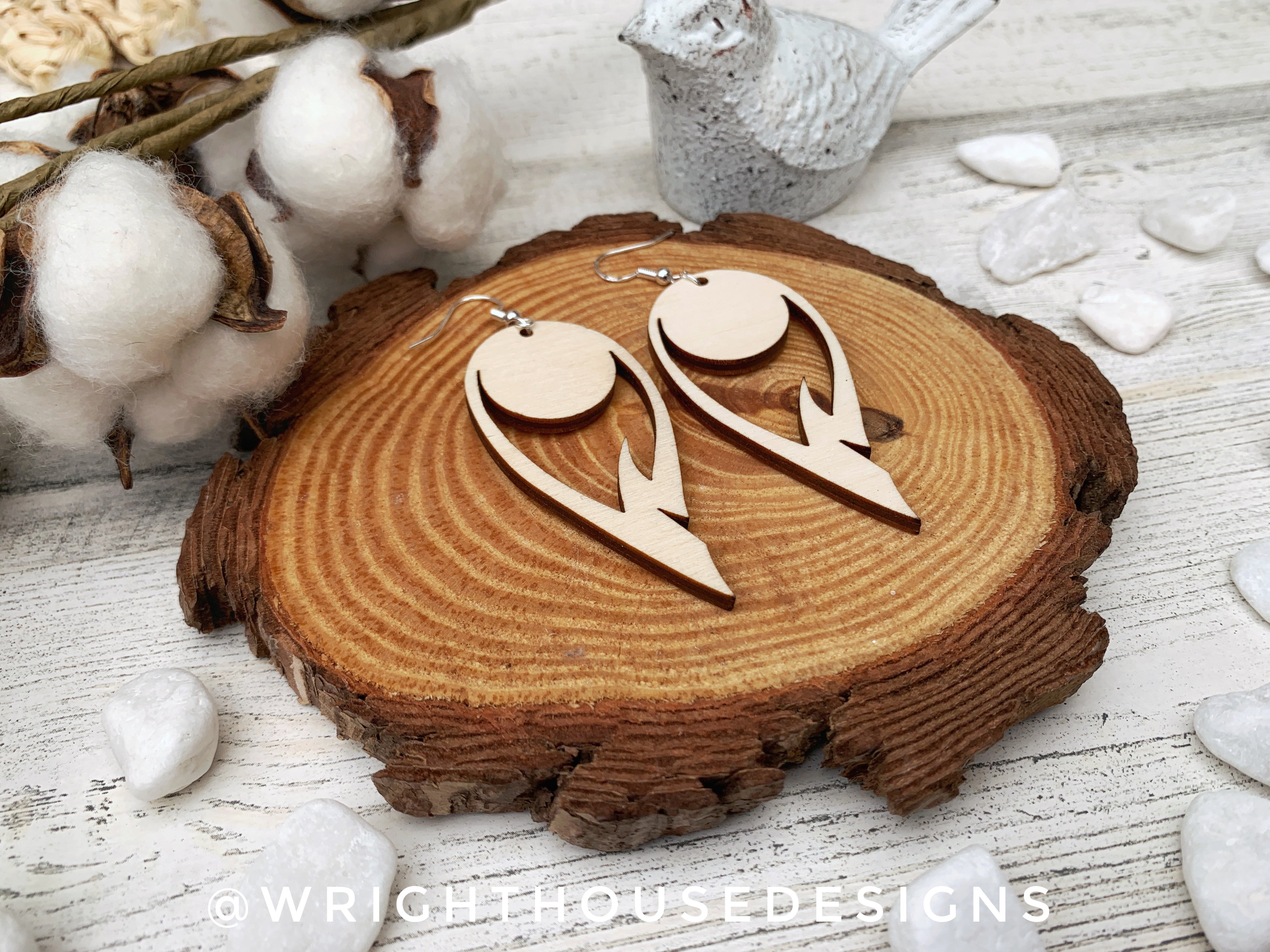 Peacock Feather Dangle Earrings - Style 8 - Rustic Birch Wooden Handmade Jewelry