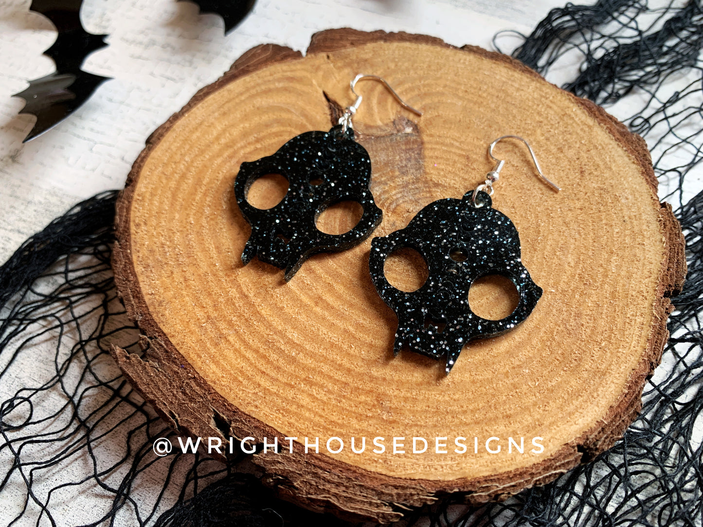 Gothic Style Cat Skulls - Witchy Halloween Earrings - Glitter Black Acrylic Handmade Jewelry