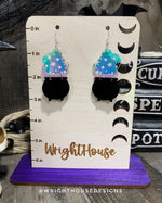 Load image into Gallery viewer, Bubbling Cauldron One - Witchy Halloween Earrings - Engraved Iridescent Acrylic Handmade Jewelry
