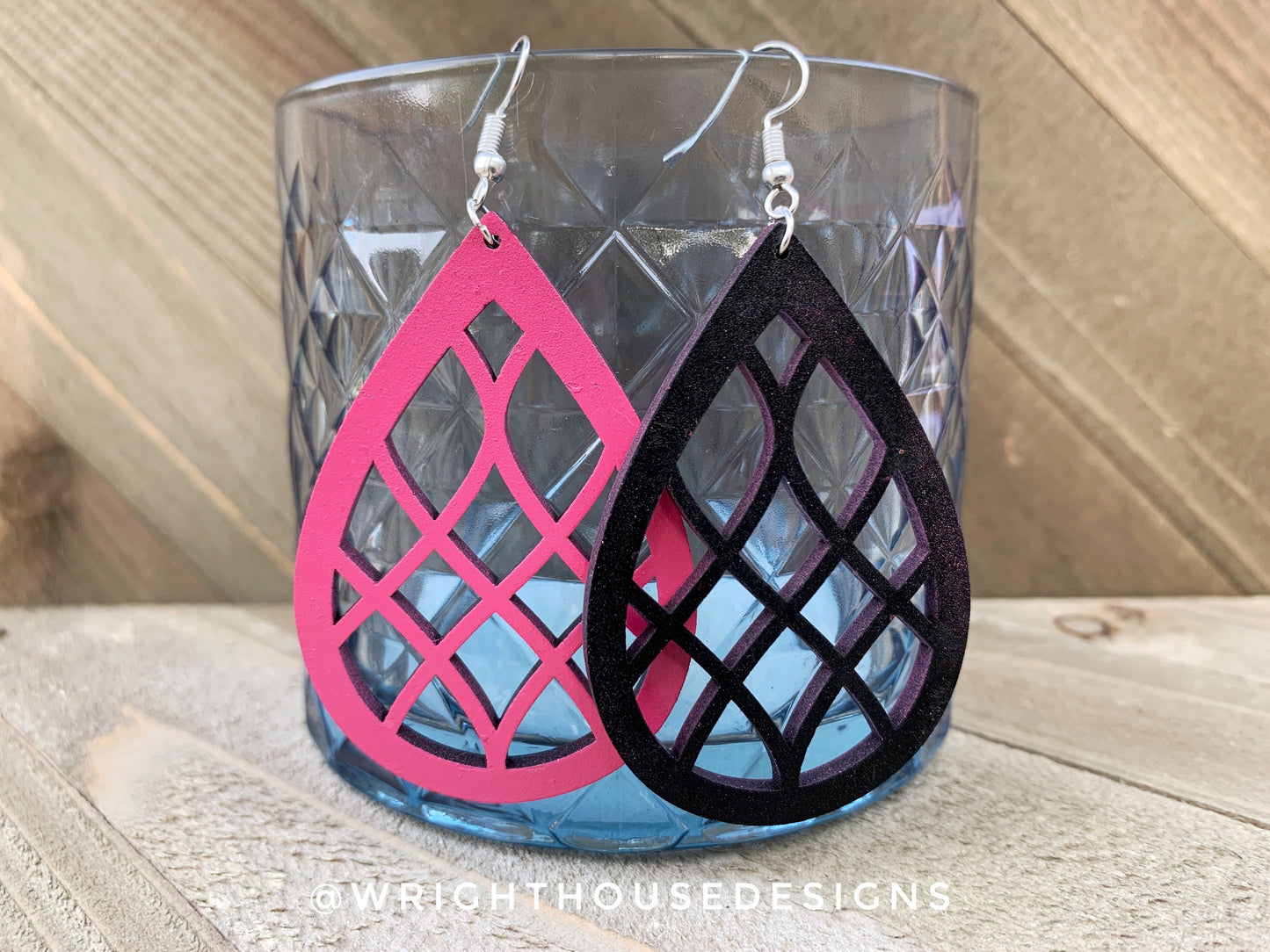 Pink and Black - Geometric Pattern - Painted Wooden Earrings