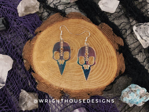 Gothic Style Bird Skulls - Witchy Halloween Earrings - Iridescent Acrylic Handmade Jewelry