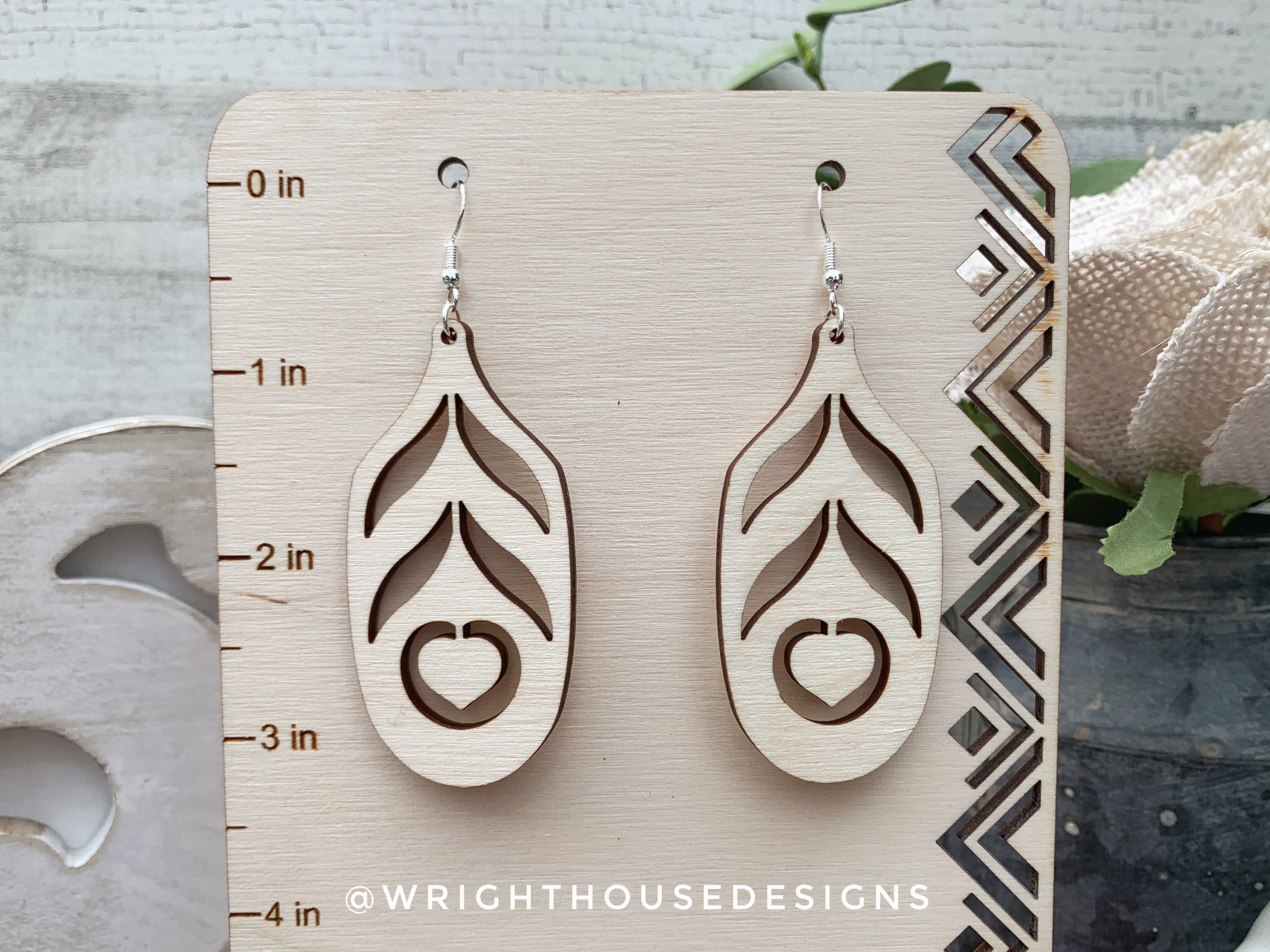 Peacock Feather Dangle Earrings - Style 10 - Rustic Birch Wooden Handmade Jewelry