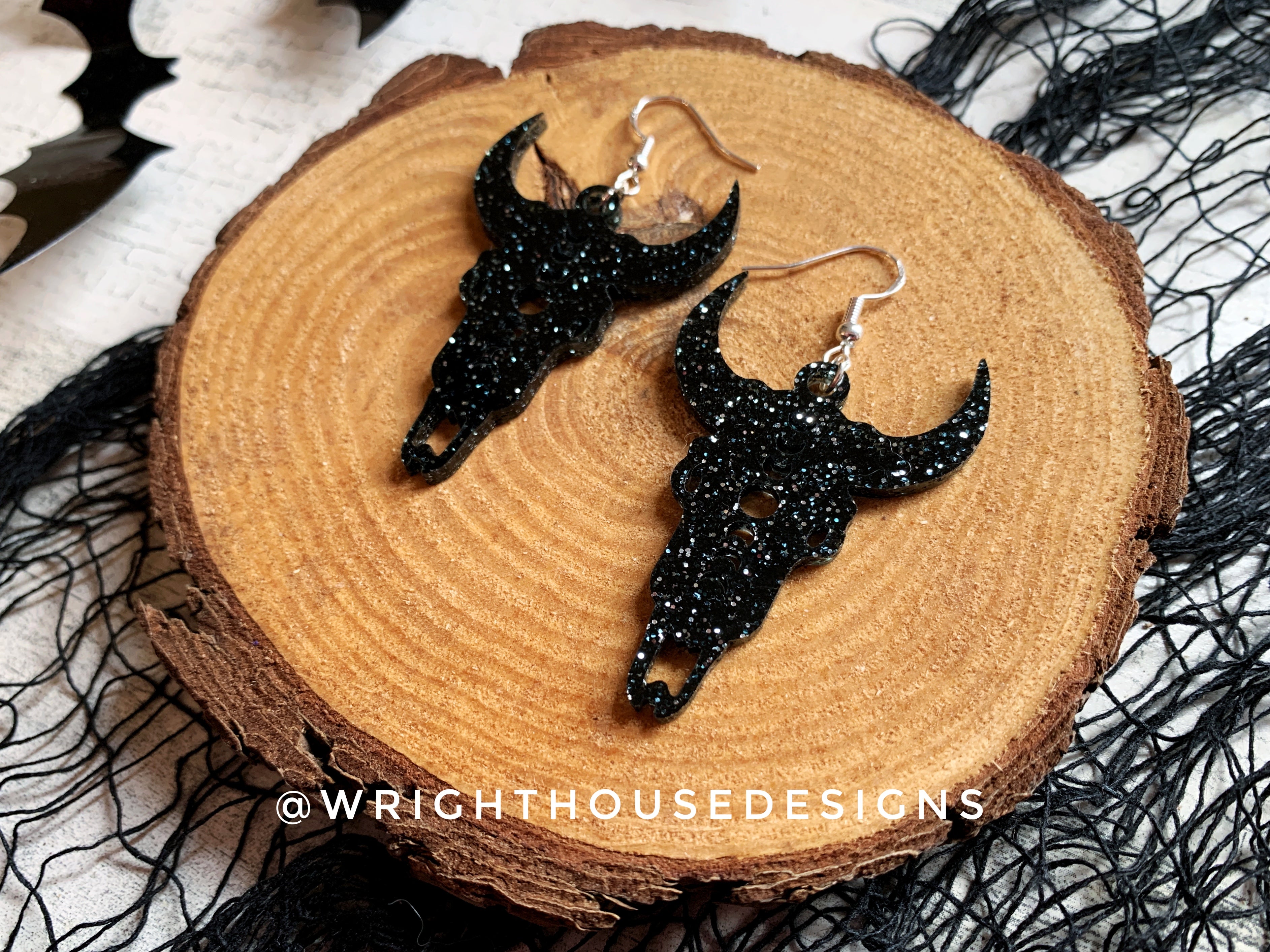 Gothic Style Cow Skulls - Witchy Halloween Earrings - Glitter Black Acrylic Handmade Jewelry