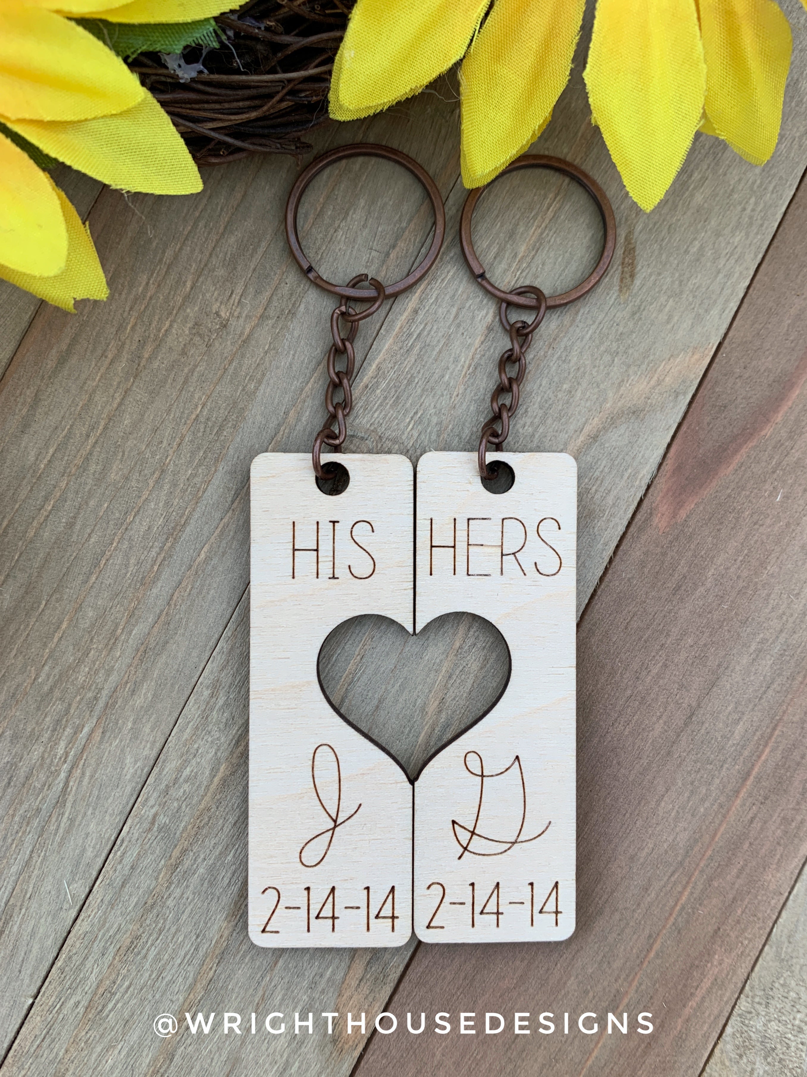 His and Hers - Couples Cursive Initial Interlocking Wooden Personalized Keychain