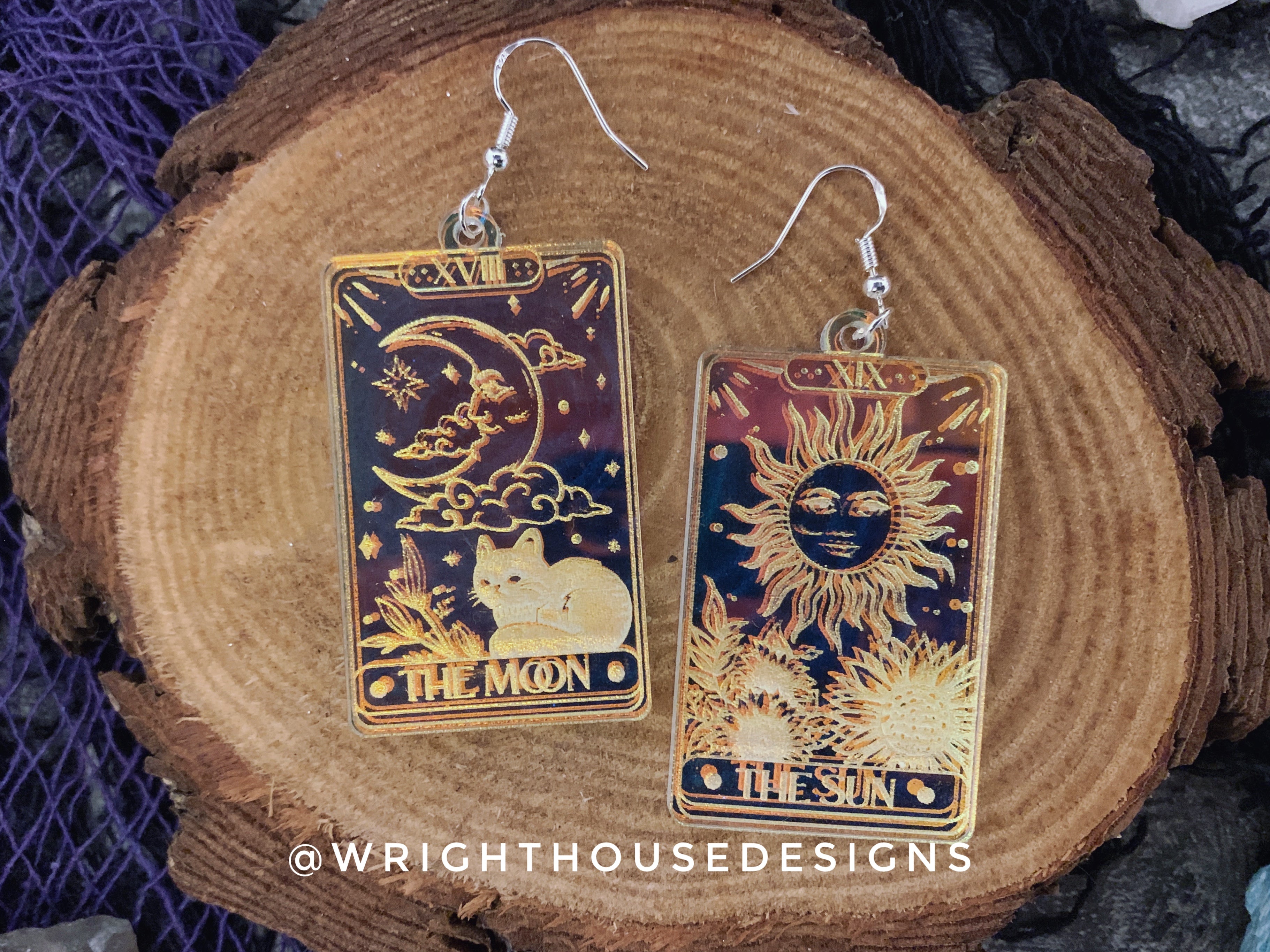 The Sun and The Moon Tarot Card Witchy Halloween Earrings - Engraved Iridescent Acrylic Handmade Jewelry