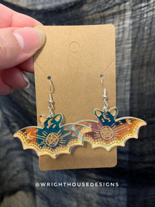 Engraved Celestial Bats - Halloween Earrings - Iridescent Acrylic Handmade Jewelry