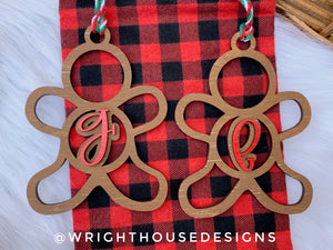 Personalized Gingerbread - Monogram Name Initial - Wooden Christmas Tree Ornament - Gift Bag Tag - Handmade - Winter Decor - Holiday Gift