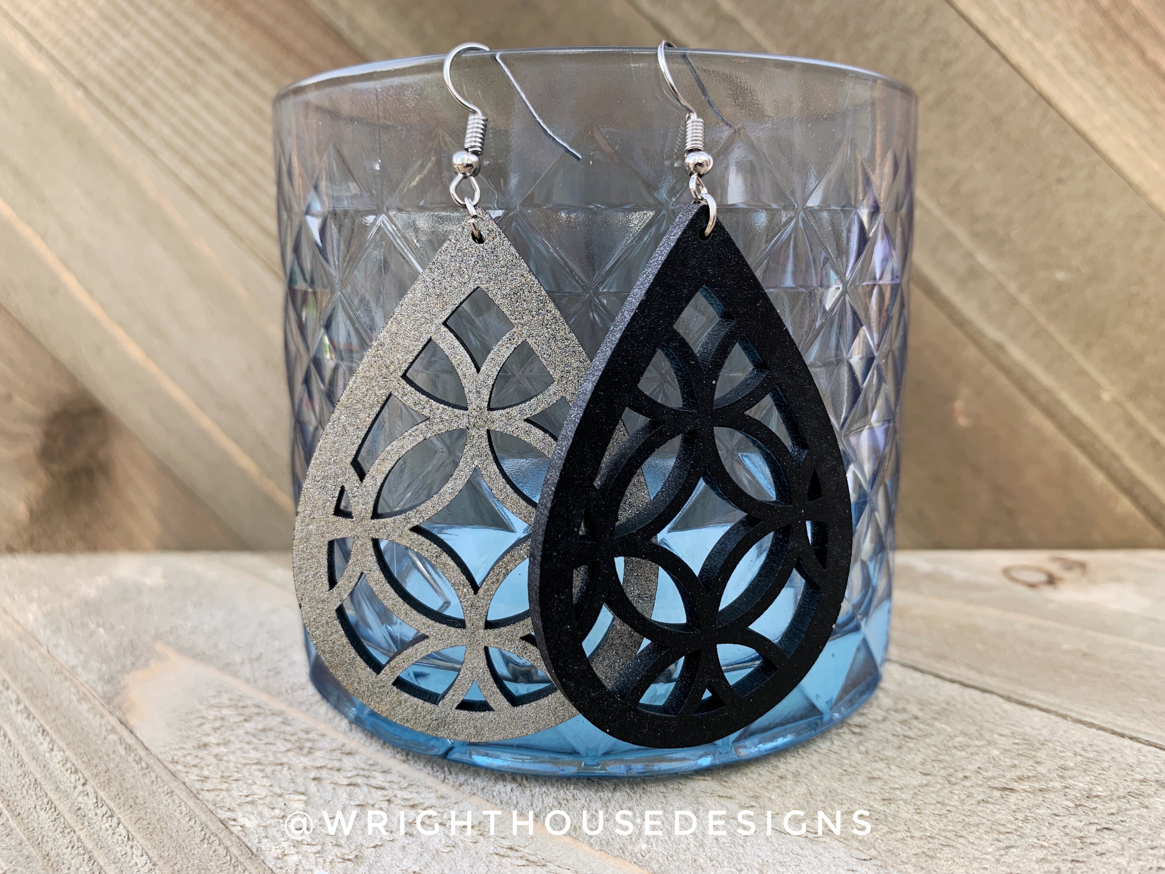 Silver and Black Circles - Geometric Pattern - Painted Wooden Earrings