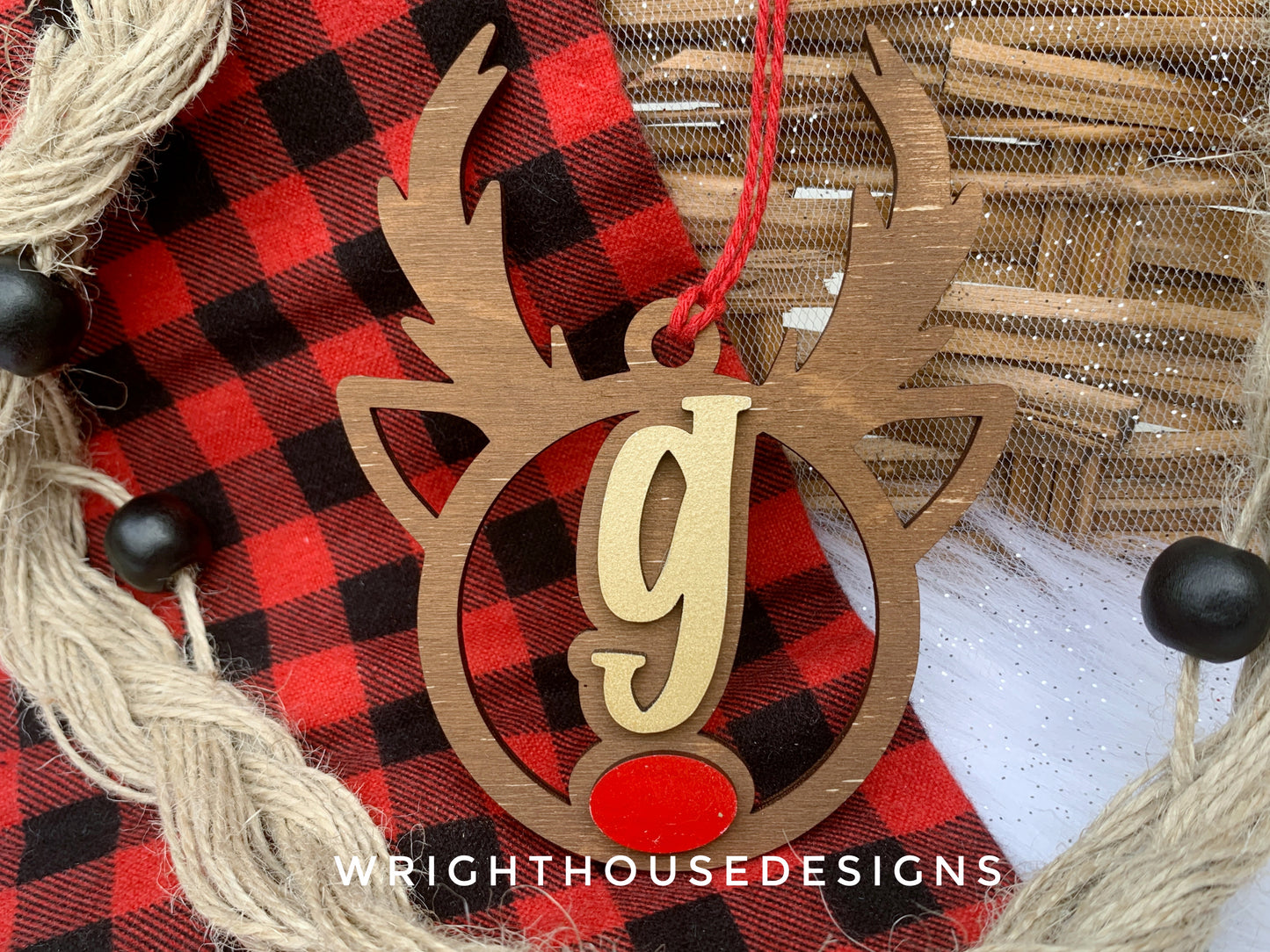 Personalized Reindeer - Monogram Name Initial - Wooden Christmas Tree Ornament - Gift Bag Tag - Handmade - Winter Decor - Holiday Gift