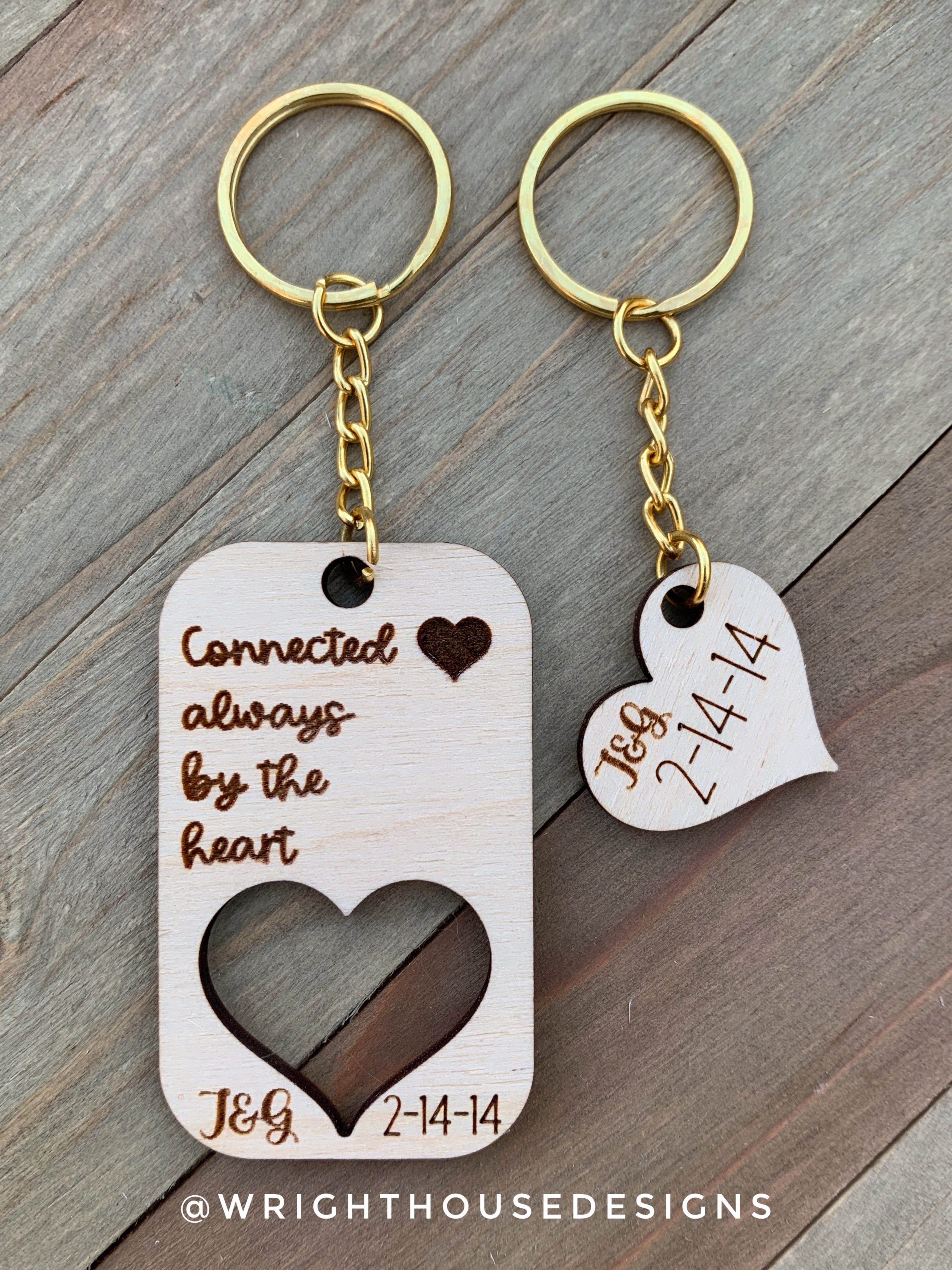 Connected Always By The Heart - Couples Interlocking Wooden Personalized Keychain