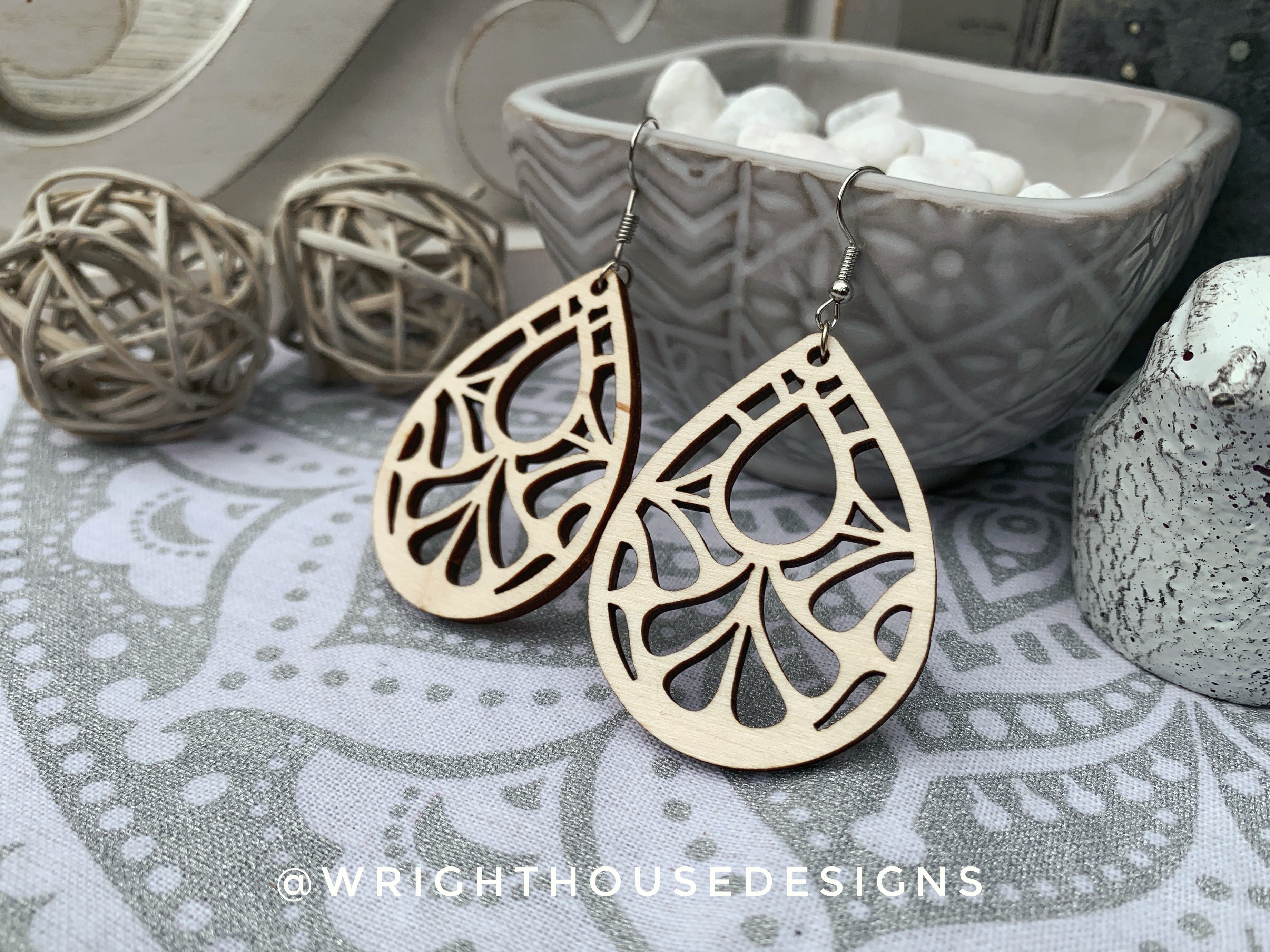Geometric Teardrop Earrings - Style 9 - Select A Stain - Rustic Birch Wooden Handmade Jewelry