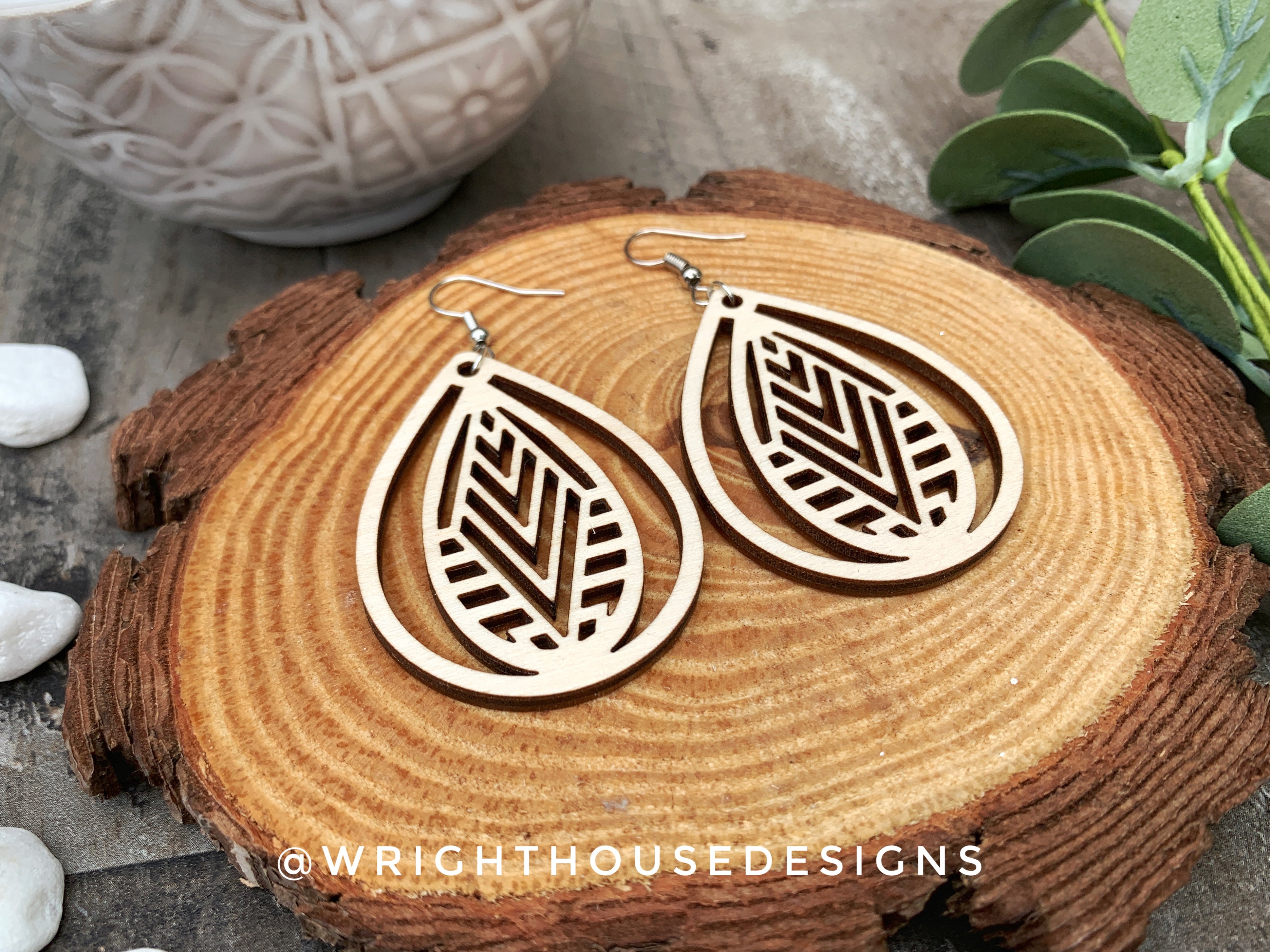 Geometric Teardrop Earrings - Style 5 - Select A Stain - Rustic Birch Wooden Handmade Jewelry
