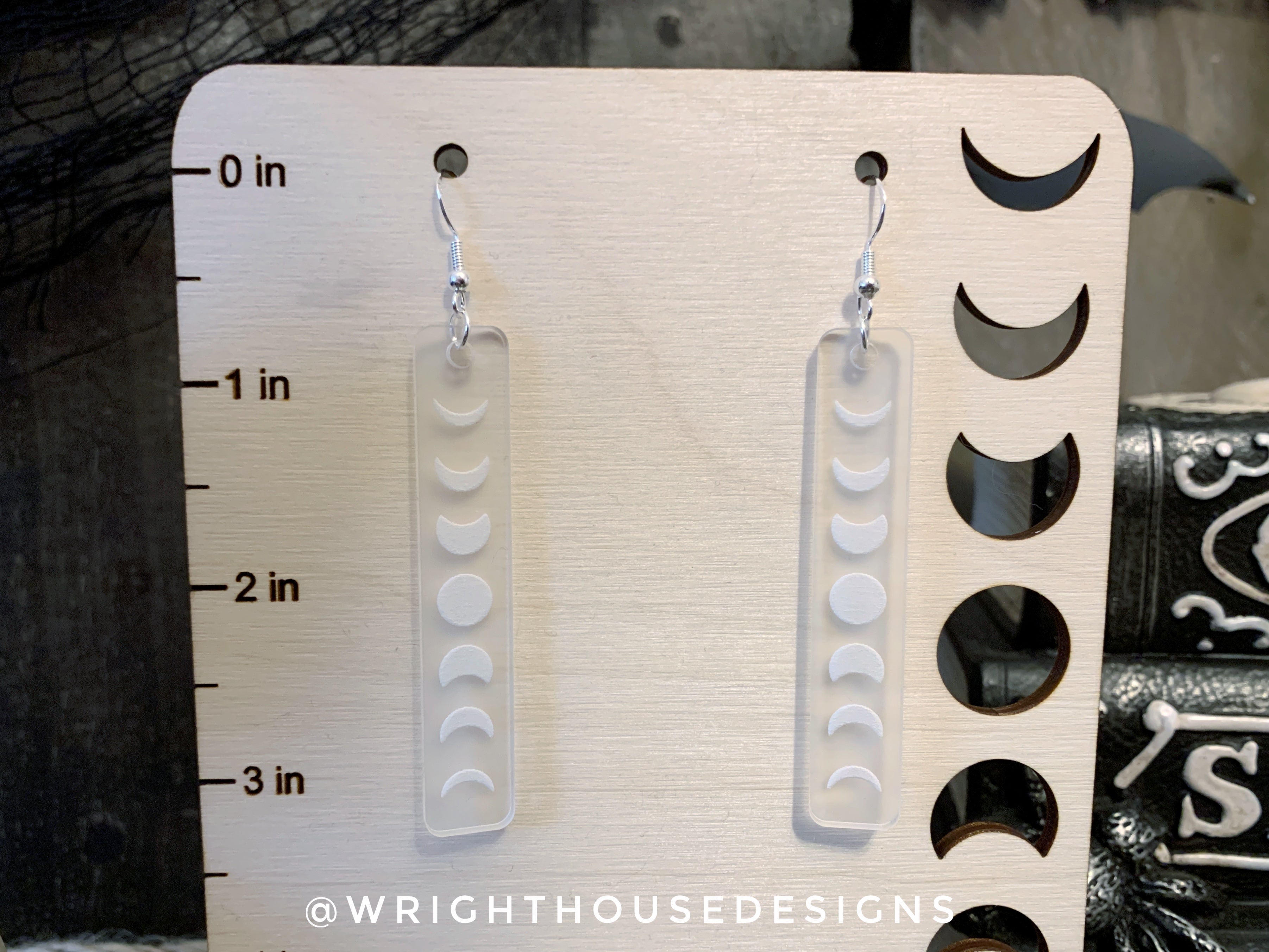 Engraved Moon Phase - Celestial Earrings - Frosted Acrylic Handmade Jewelry