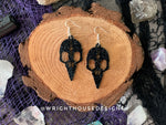 Load image into Gallery viewer, Gothic Style Bird Skulls - Witchy Halloween Earrings - Glitter Black Acrylic Handmade Jewelry
