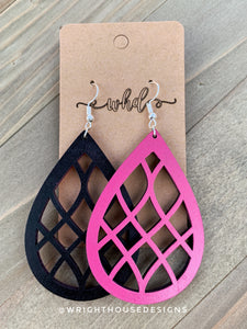 Pink and Black - Geometric Pattern - Painted Wooden Earrings