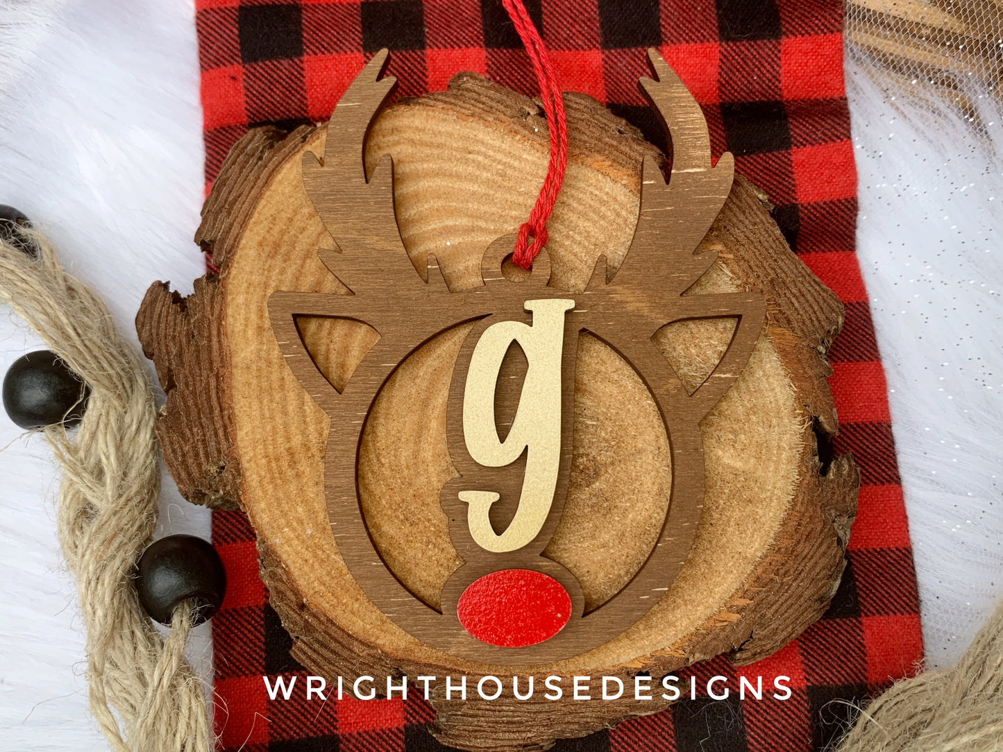 Personalized Reindeer - Monogram Name Initial - Wooden Christmas Tree Ornament - Gift Bag Tag - Handmade - Winter Decor - Holiday Gift